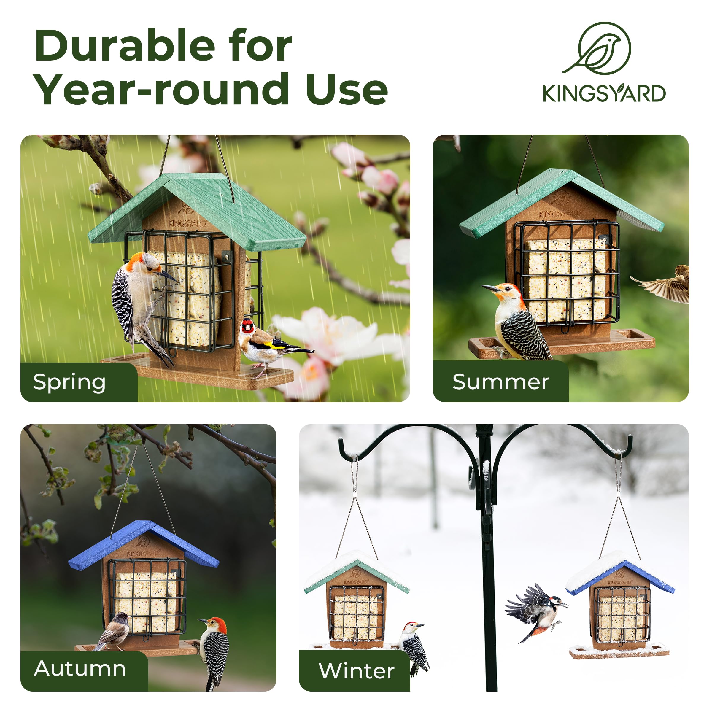 Kingsyard Comederos de plástico reciclado para pájaros para colgar al aire libre, comedero de sebo de alta calidad con jaula doble para tartas de sebo, duradero y resistente a la intemperie, ideal