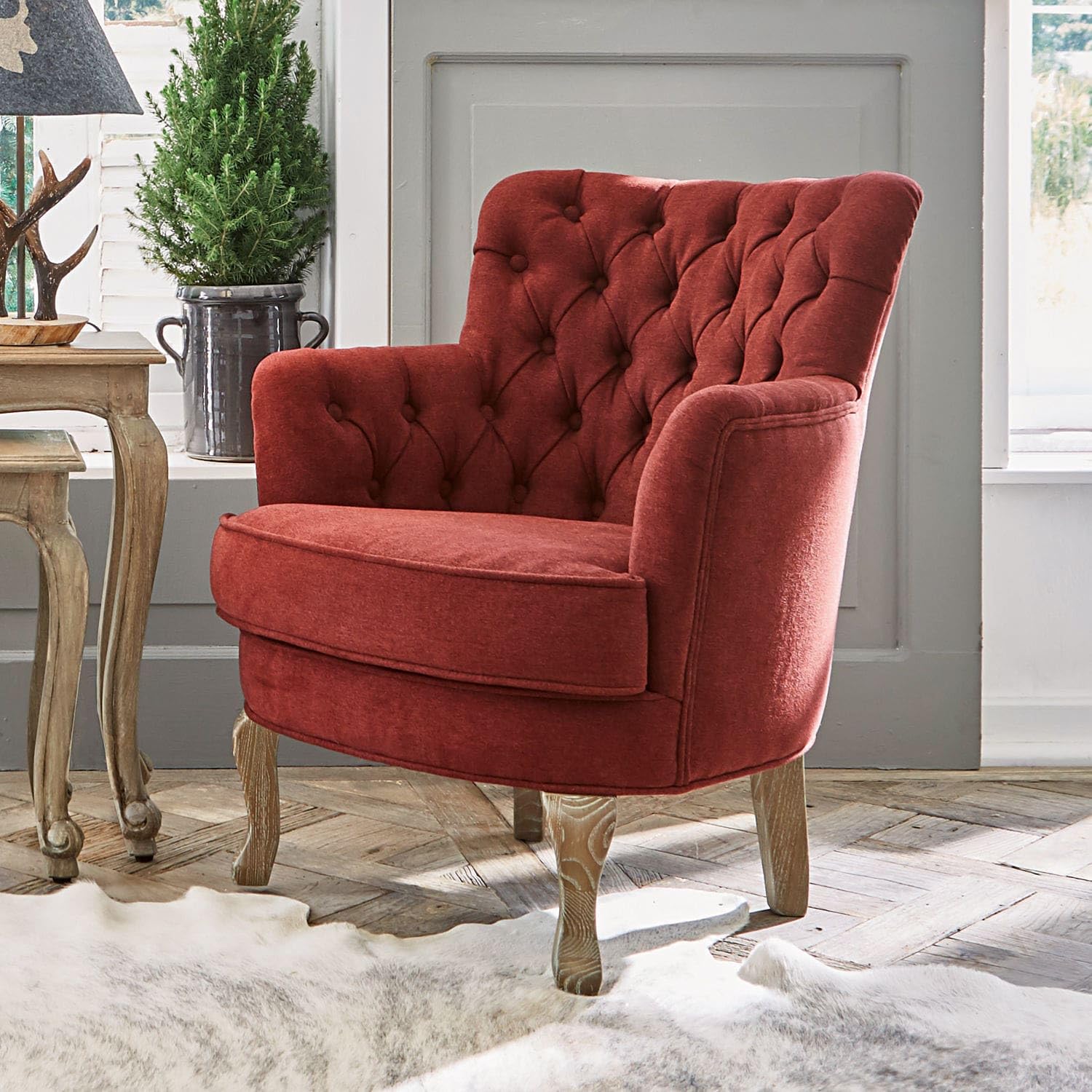 Loberon Calgary Poltrona - Raffinata impuntura Chesterfield e bordini - Graziose Gambe in Legno di Frassino con Finitura Anticata, Rosso