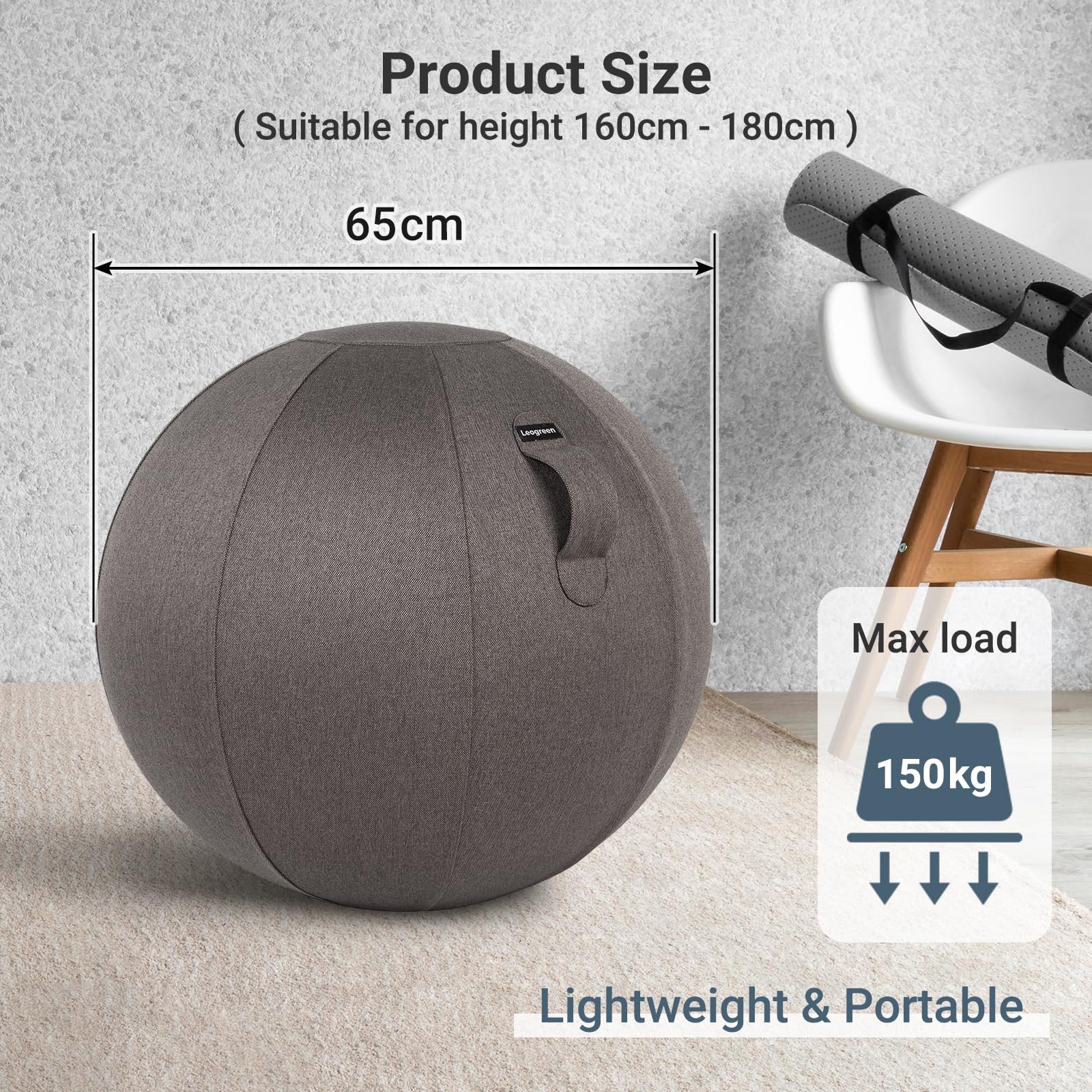 Leogreen Stoff-Sitzball 65cm Gymnastikball Ergonomisch Sitzen im Büro Zuhause Ballstuhl Pezziball für Schwangerschaft, Yoga Fitness Ball mit Stoffbezug, Grau