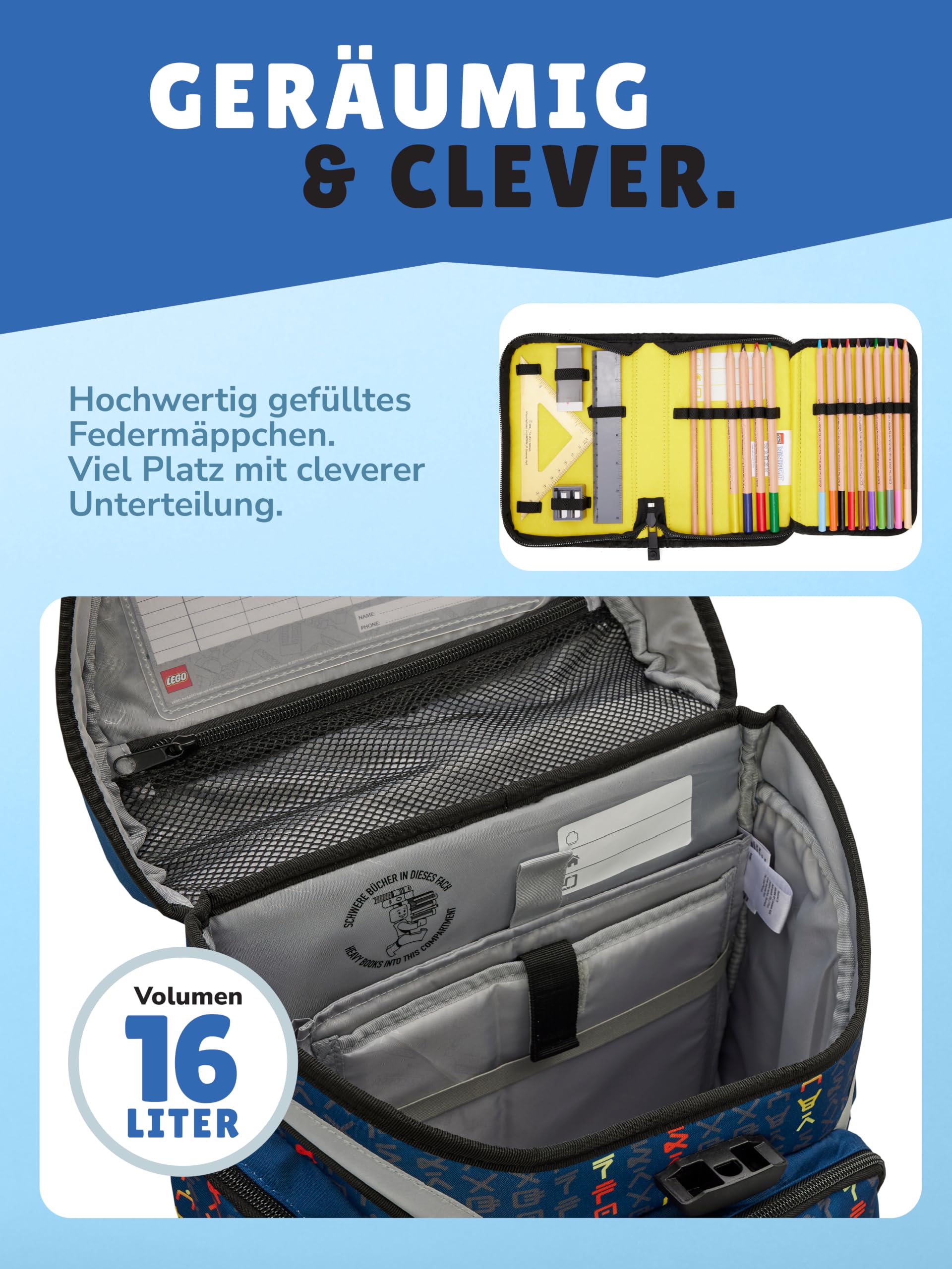 Familando - Schulranzen Set 9-teilig mit Sporttasche - Ninjago Blau - Ergonomisch, stabil & mit gepolstertem Rücken - 1250g leicht mit 16L Volumen - wasserabweisend und mit Reflektoren - Ab 1. Klasse