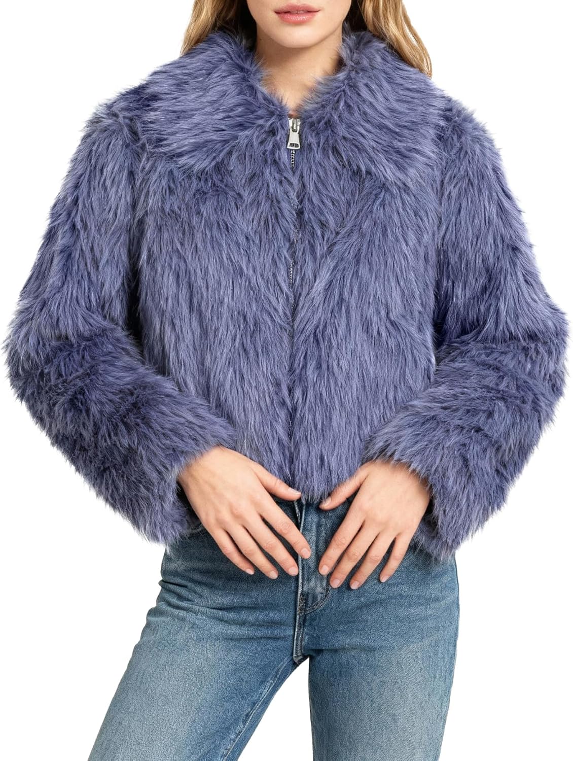 Amazhiyu Women's Faux Fur Zip Up Crop Coat Long Sleeve Lapel Jacket with Pockets