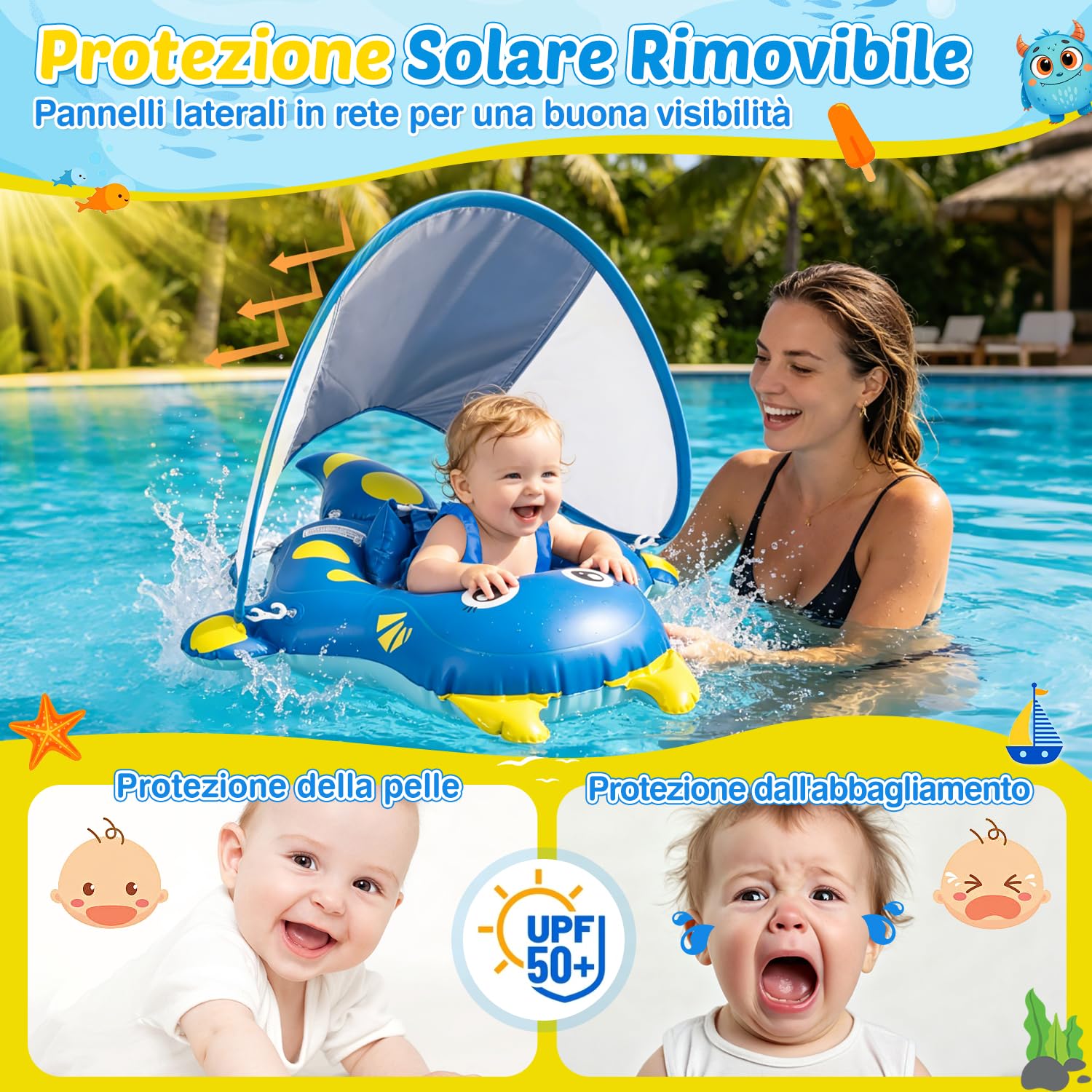 Salvagente Neonato con Parasole, Ciambella Neonato Mare UPF50+ Protezione UV, Anti-Ribaltamento, Sedile di Sicurezza Regolabile, Salvagent Gonfiabile Piscina per Bambini da 10 a 36Mesi