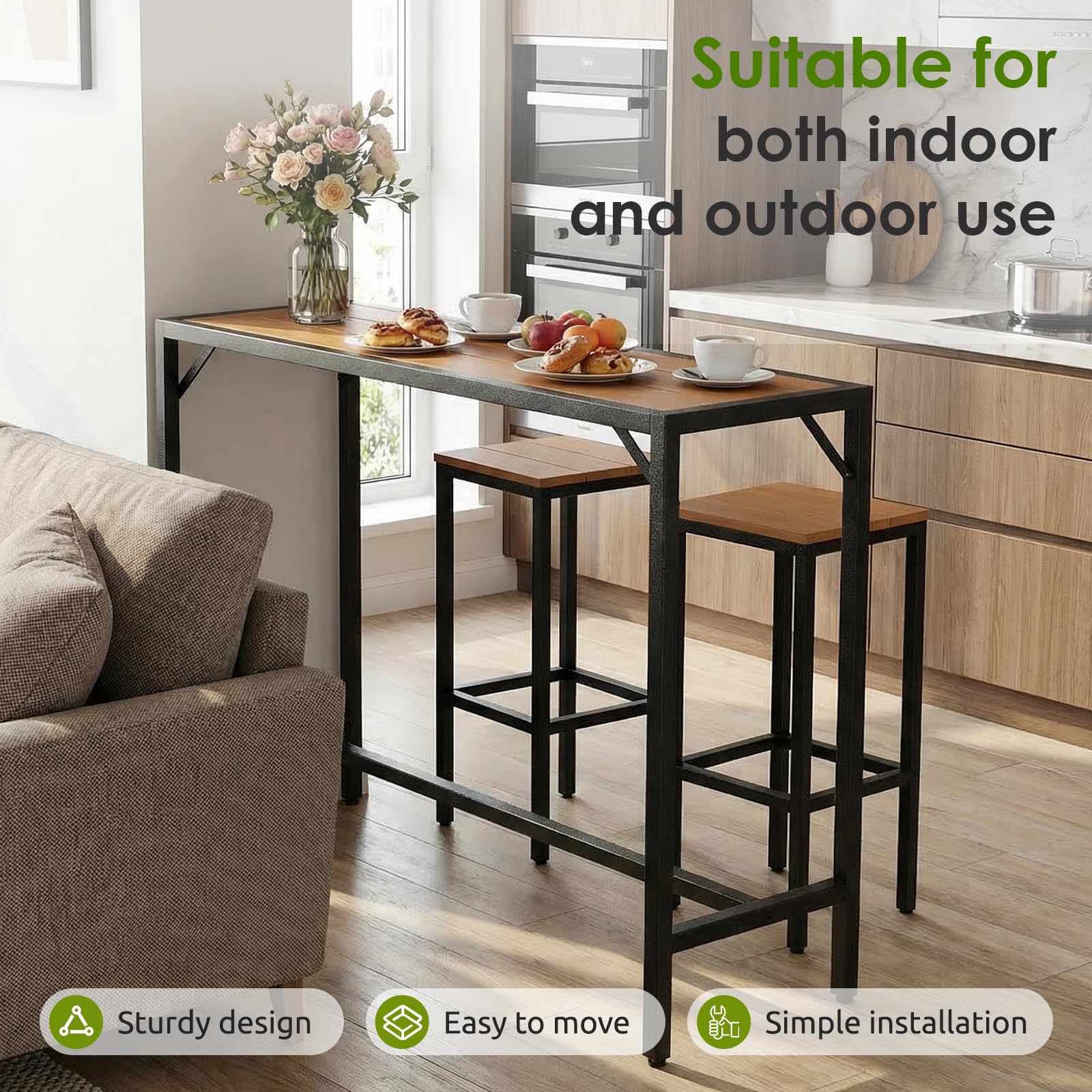 LIFERUN Mesa Alta de Bar de Exterior, 120 x 38 x 98 cm, Mesa de Bar para Jardín con Tablero Impermeable y Pies Ajustables, Mueble de Jardín para Terraza, Piscina, Salón, Comedor, Marrón