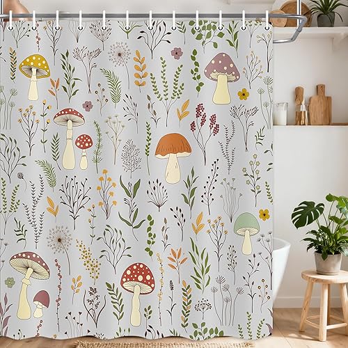 Miniatura 10 de DYNH Bonita cortina de ducha de hongos, cortina de bañera con hojas verdes botánicas florales bohemias, flores retro, decoración de baño con