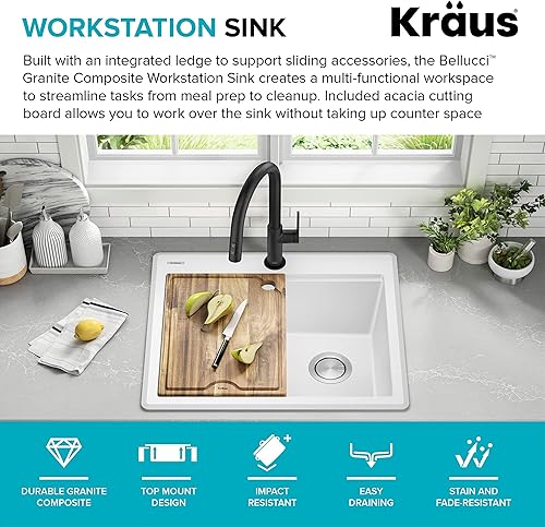 Miniatura 3 de KRAUS Bellucci KGTW12-25WH - Fregadero de cocina con estación de trabajo compuesto de granito de 25 pulgadas, montaje superior, color blanco