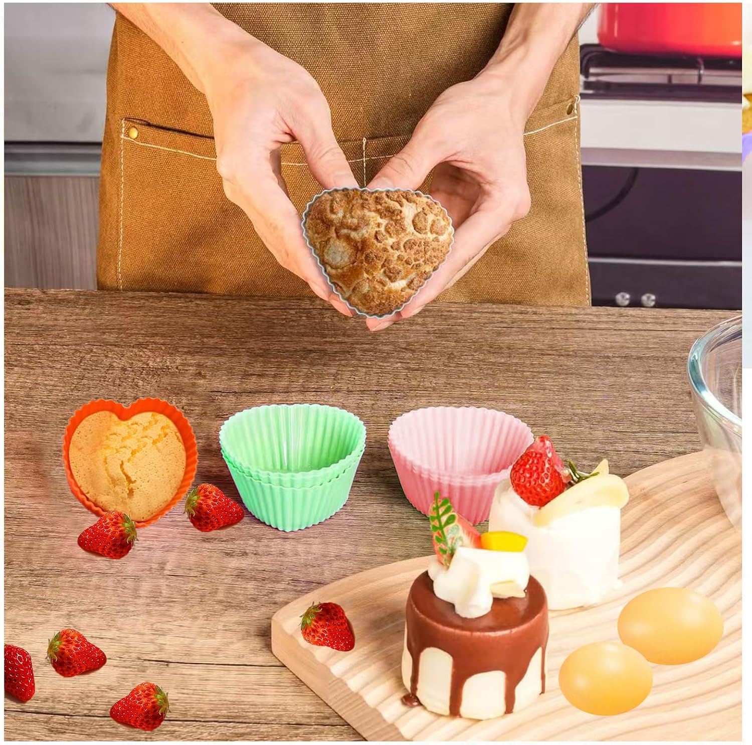 12 PCS Reusable Silicone Cupcake Baking Cups, Heart-shape image 5