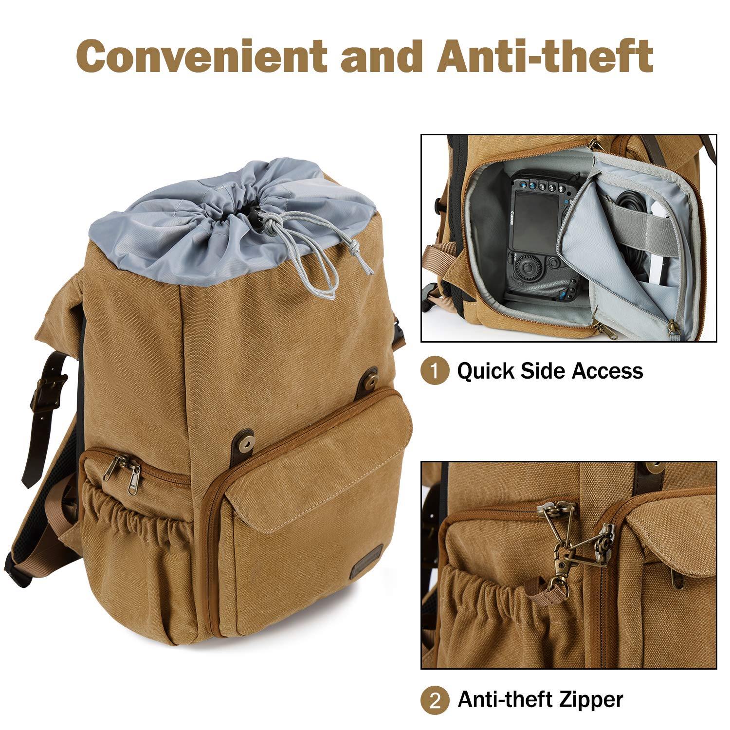 bagsmart Fotorucksack DSLR Kamerarucksack Canvas Diebstahlsicher Wasserabweisend mit Regenschutz für 15 Zoll Laptop, Spiegelreflexkamera, Objektive, Zubehör, Stativ (Khaki)