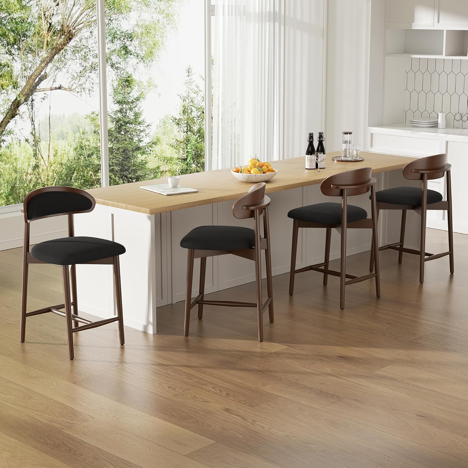 Bar Stools Set of 4, Upholstered Counter Height Bar Stools, Mid Century Modern Counter Stools with Wood Legs for Kitchen Island, Black