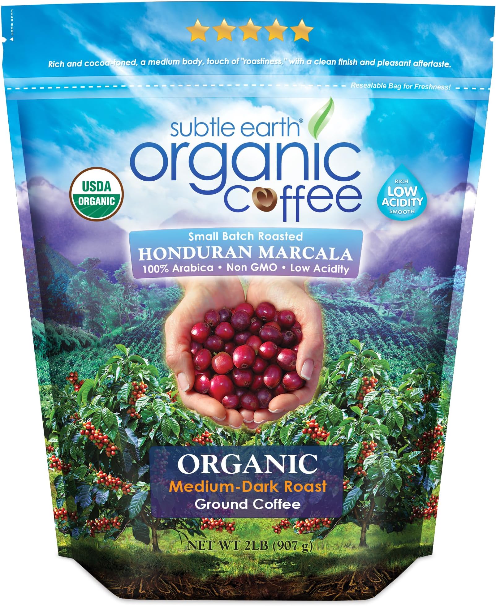 Cafe Don Pablo 2LB Subtle Earth Organic Coffee - Medium Dark Roast - Ground Coffee - 100% Arabica Beans - Low Acidity and Non-GMO - 2lb bag (32oz)