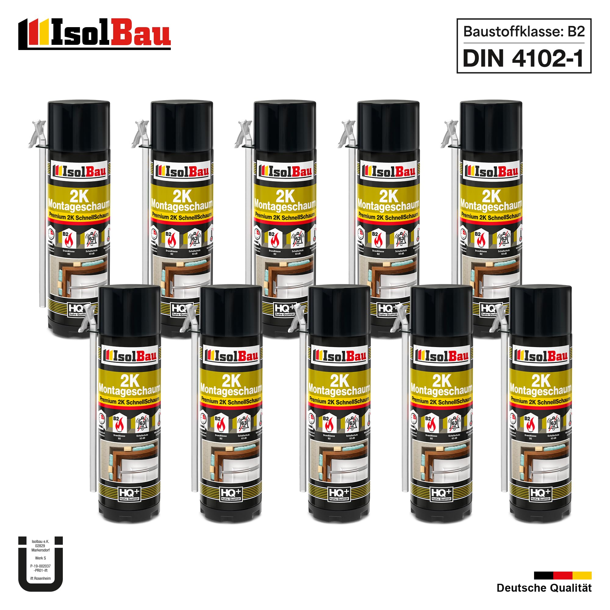 Isolbau Mousse de montage 2K B2 - Mousse rapide en polyuréthane de qualité supérieure - Pour portes, fenêtres, isolation et montage - 10 x 400 ml