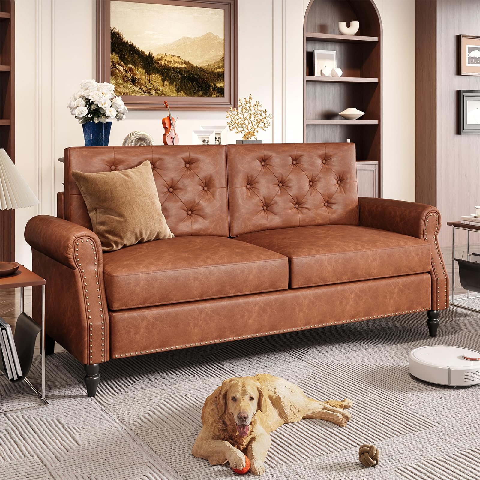 728 ソファ Amazon.com: FiveWillowise Brown Couch, 73-inch Sofa, Faux Leather