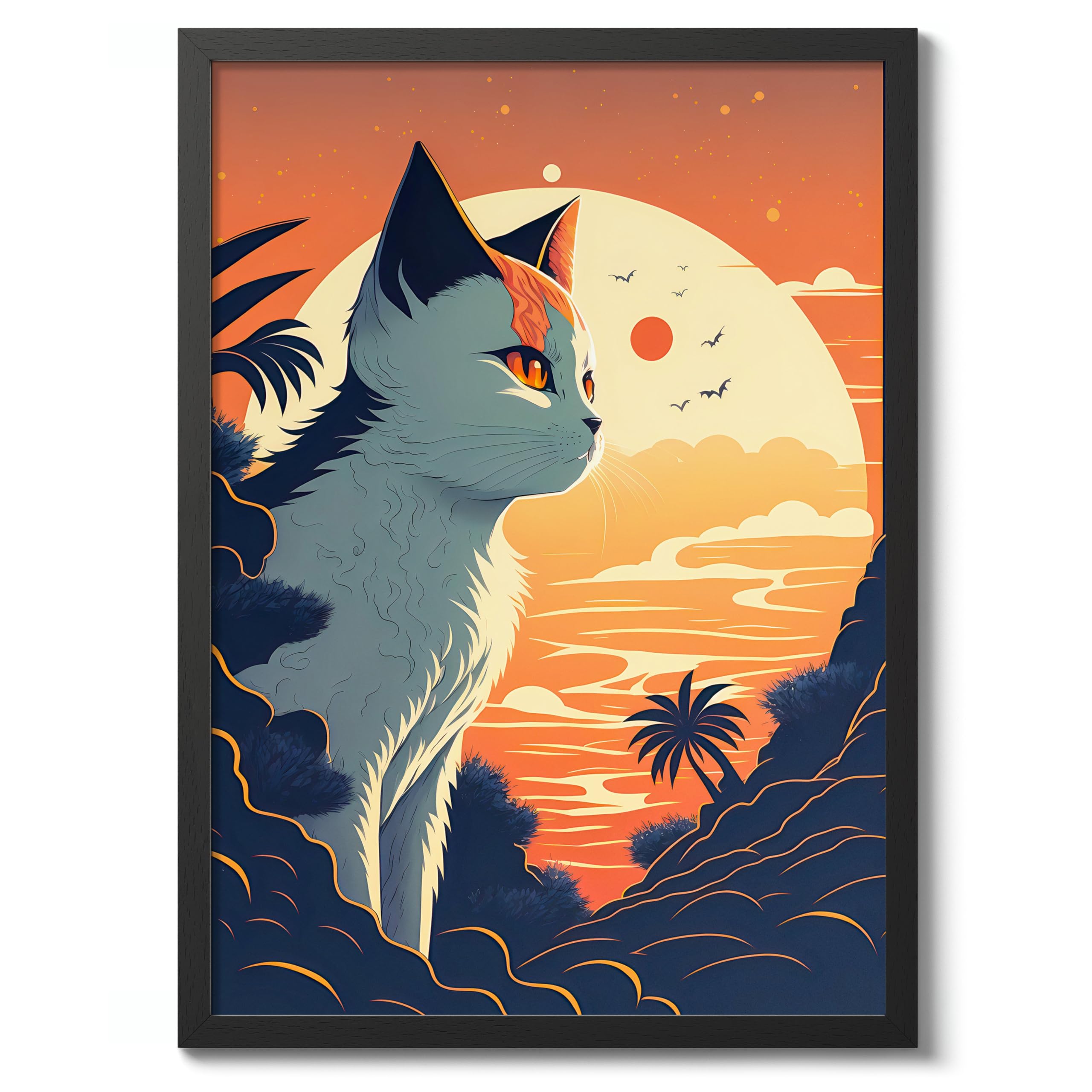 Sunset Cat Anime Woodblock Poster Modern Woodblock Print, Cartoon Manga Kitten Wall Art Decor, Modern Japanese, Cat Lovers, A3 (Black Frame) - 45x32.8cm