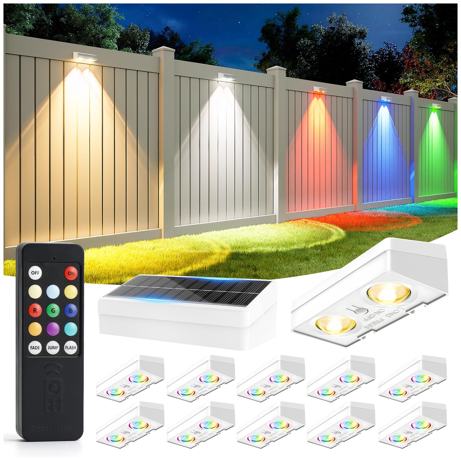 JOFIOS - Solar Fence Lights with Remote, 9 Fixed Colors and White Color Changing Lights, Waterproof IP65 LED Deck Lighting for Patio, Railing, Pool, Porch-image-41