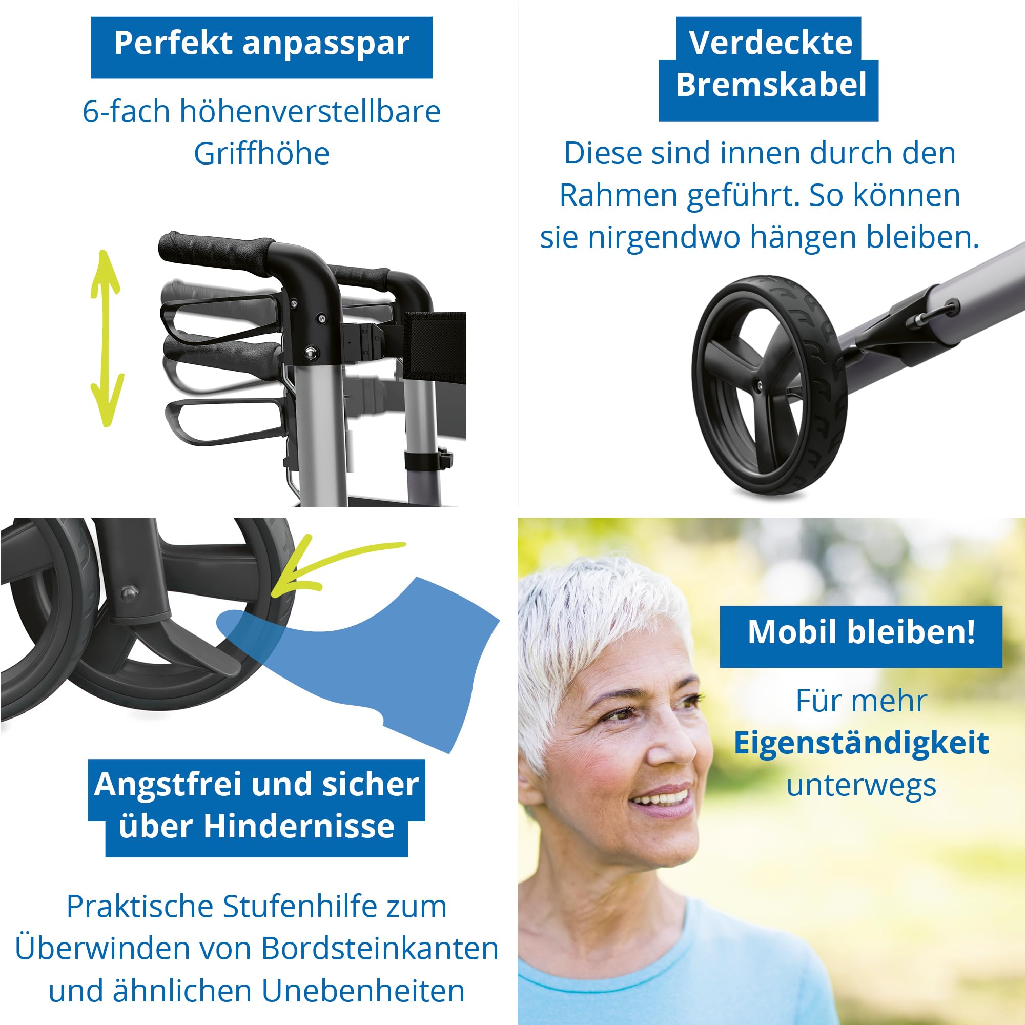 Weinberger Rollator faltbar und leicht mit Sitz | Tasche, Griff, klappbar mit 20cm Reifen für alle Gelände | Höhenverstellbarer Indoor & Outdoor Rollator für Senioren | Gehhilfe, Laufhilfe