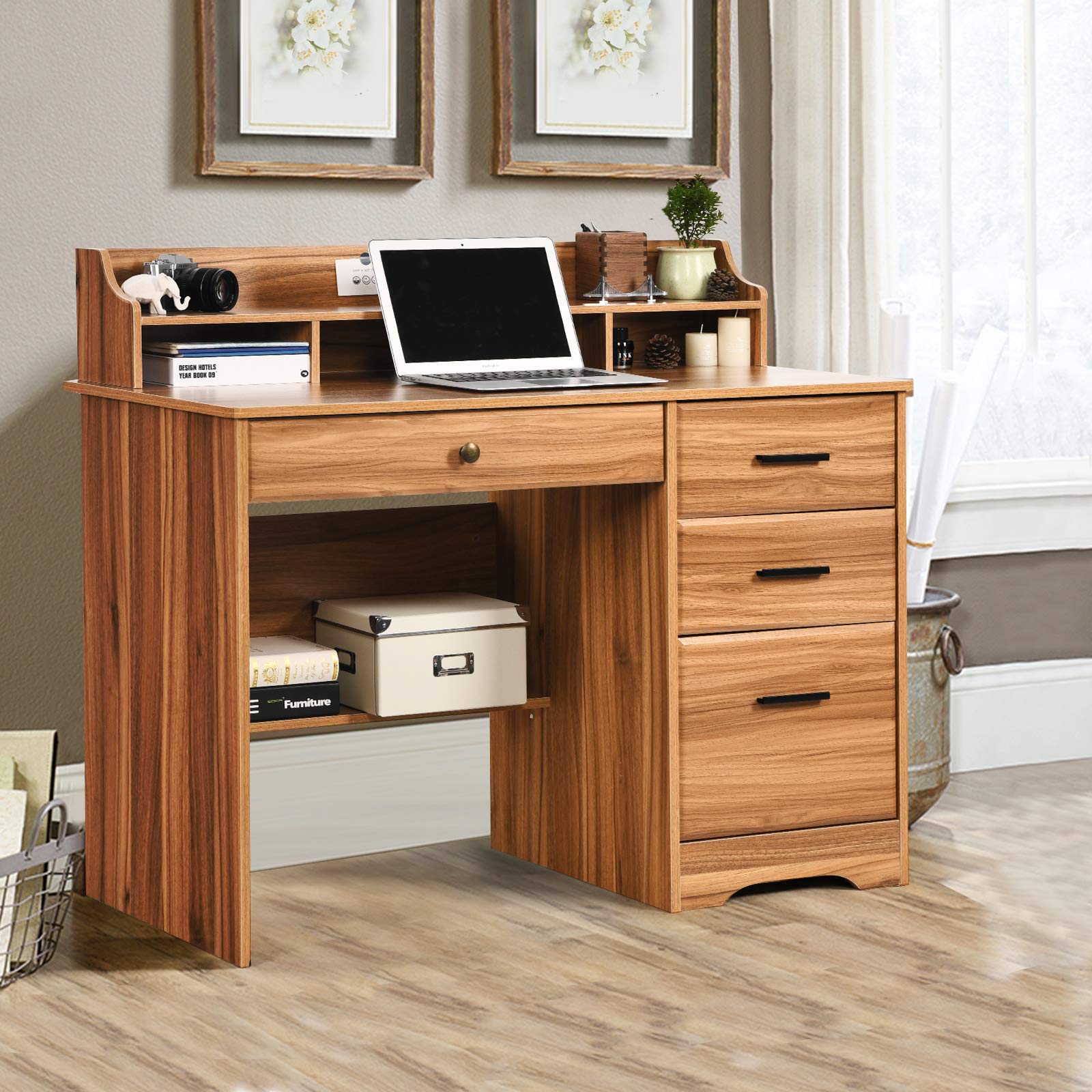 Computer Desk with Drawers and Hutch, Farmhouse Home Office Desk