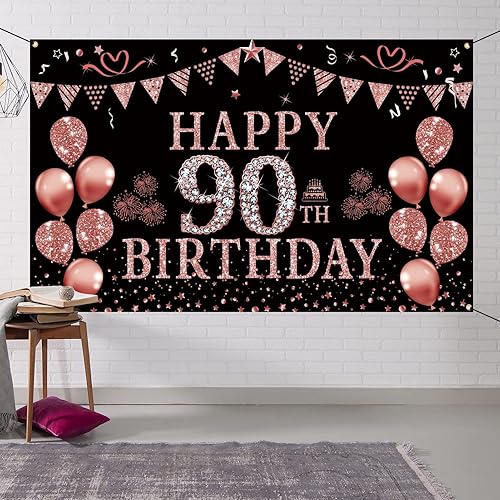 Trgowaul Decoraciones de cumpleaños número 90, pancarta de fondo de cumpleaños de 90 años para mujeres, suministros de fotografía, fondo de feliz