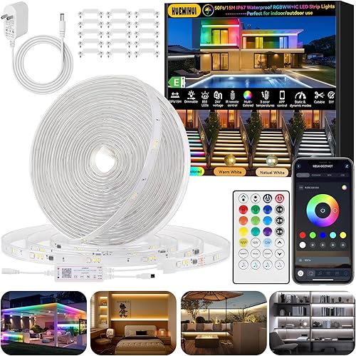 Tira de luces LED RGBWW+IC de 50 pies para exteriores, IP67, impermeable, multicolor+3000K-6500K 24V luces LED con control remoto y aplicación,
