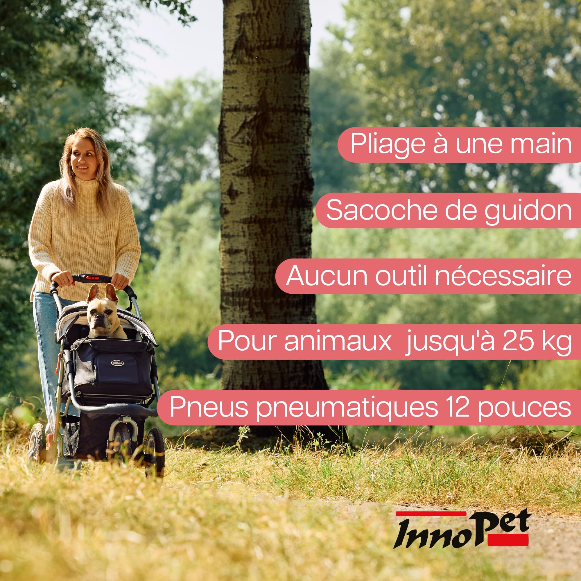 Poussette Innopet Comfort Air Eco pour chiens et chats, noir/argent - Avec pneus pneumatiques de 12 pouces - Pliable d'une seule main - Organiseur de rangement - Tissu en nylon recyclé