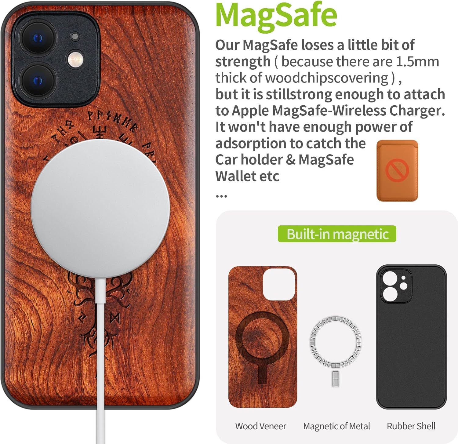 Carveit Magnetic Wood Case for iPhone 12 Mini Case [Hard Real Wood & Soft TPU] Shockproof Protective Unique & Classy Wooden Cover Compatible with MagSafe (Viking Compass Vegvisir-Rosy)