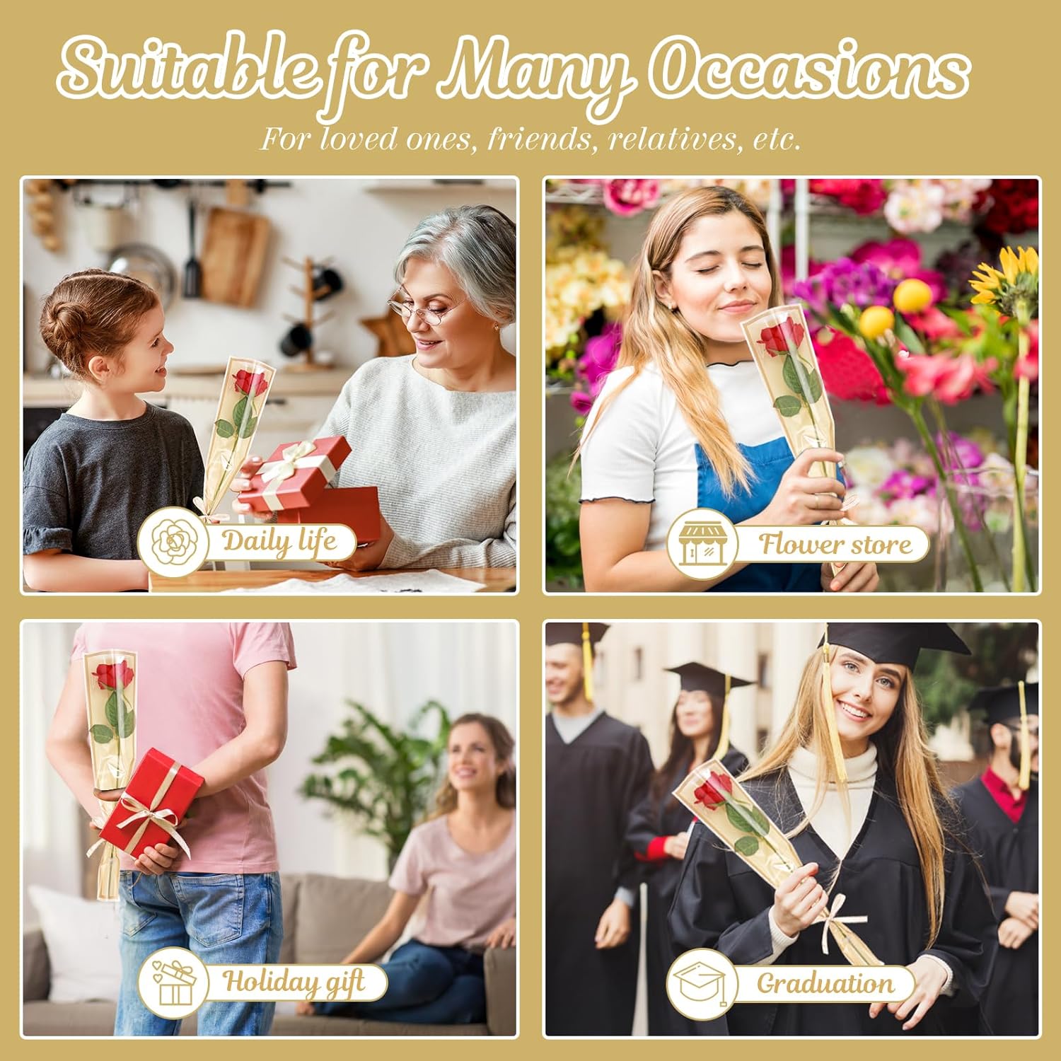 tchrules 100PCS Single Flower Bags for Bouquets, Champagne Single Rose Sleeves with Flower Water Tubes and Ribbons, Plastic Floral Wrapping Bags for Valentine's Day Mother's Day Graduation Wedding