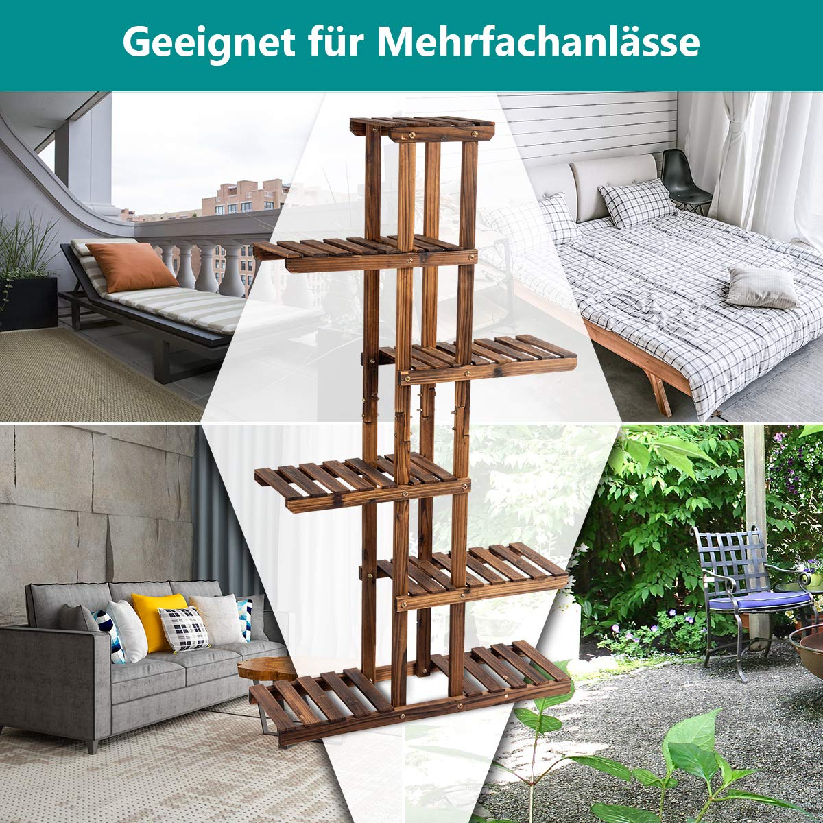 COSTWAY Massief houten plantenstandaard, planten pothouder voor binnen en buiten, verticale bloementrap, verkoolde plantenrek bloemenrek, bloemstandaard voor tuin, balkon en patio (6-laags / 75 x 25 x 140cm