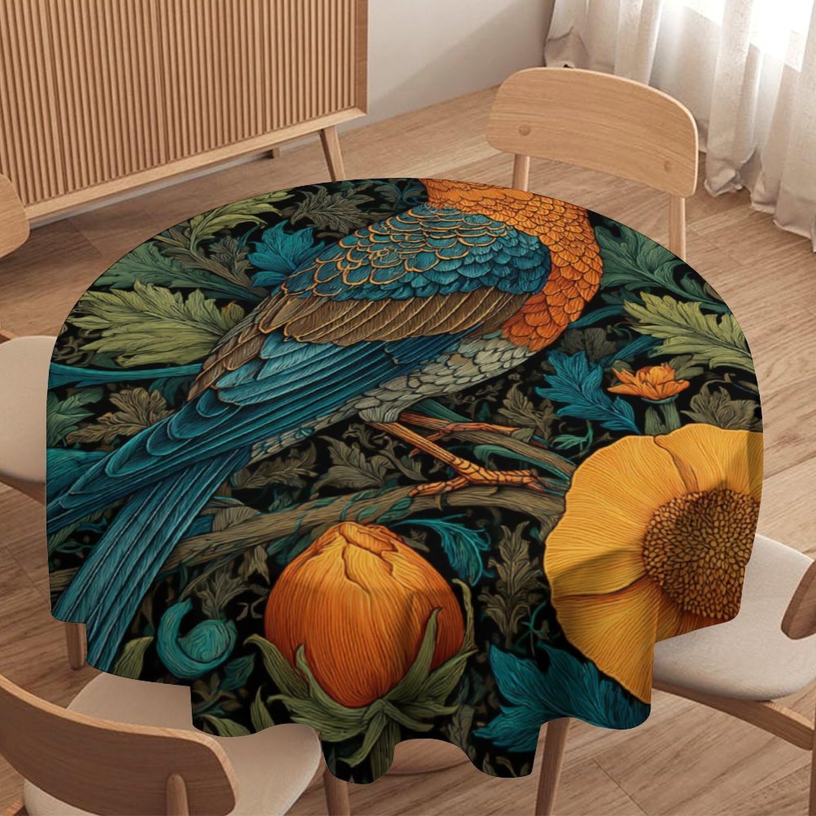 LUYYSKY Vintage Abstract Animal Bird Round Tablecloth Vintage Watercolor William Morris Botanical Floral Washable Decor for Table Cover for Kitchen-177.8" Wx177.8 L cm