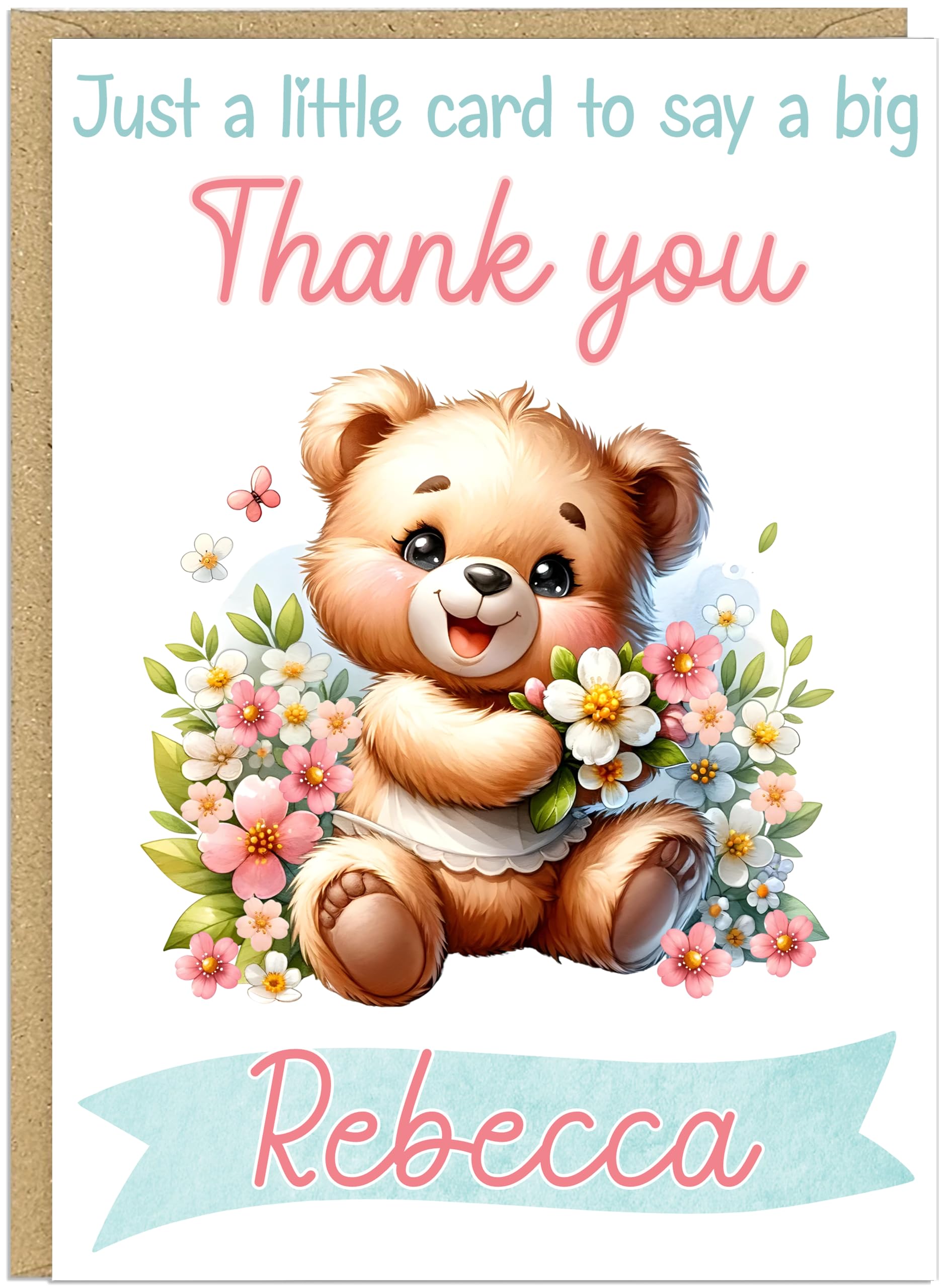 Personalised Thank You Card - Custom Add Own Name Cute Teddy Bear Floral Design - Just a Little Card to Say a Big Thank You - Any Occasion Gratitude Greeting Cards (Design 1)