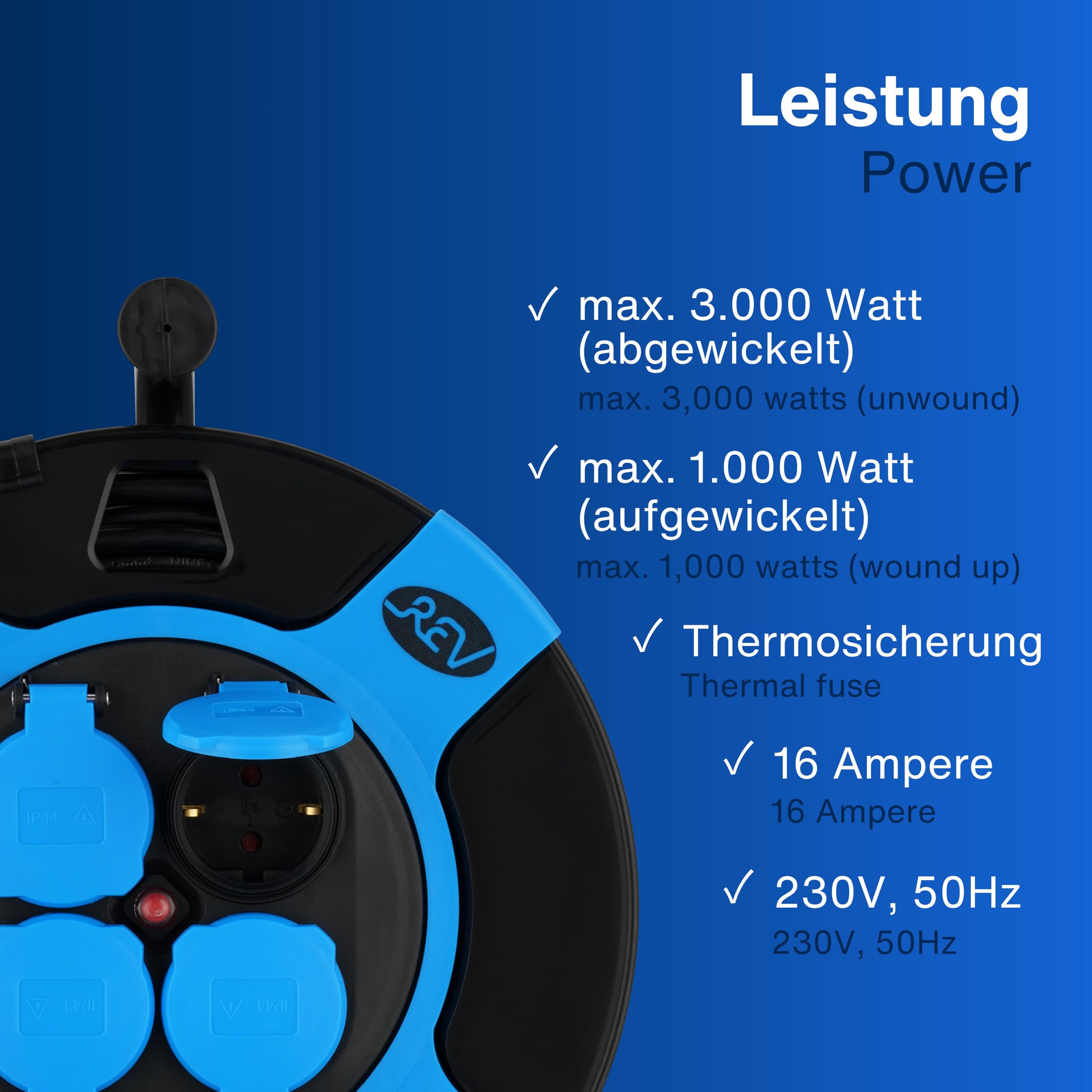 REV Kabeltrommel 50m Outdoor IP44 4 Schutzkontaktsteckdosen blau