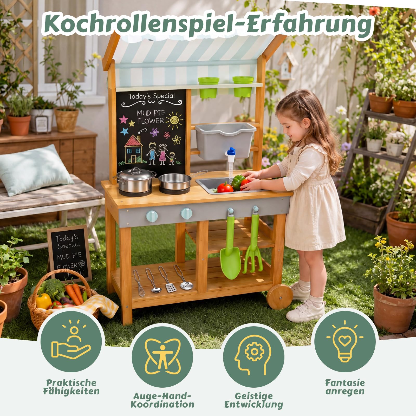 Matschküche Kinder Outdoor Holz mit Wasserdichtem Dach & Rädern, Kinderküche mit Wassertank Wasserhahn Kreidetafel & Spielküche Zubehör Set, Matschtisch Mud Kitchen Gartenspielzeug für Jungen Mädchen