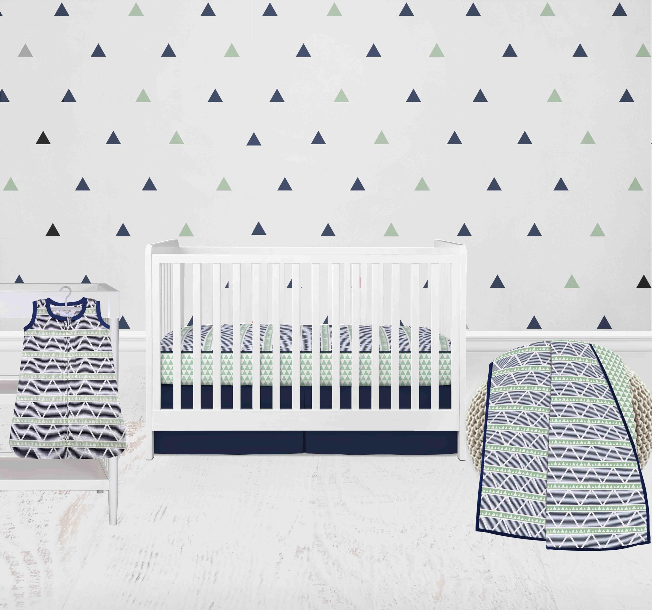 Bacati - 100 Percent Breathable Cotton Muslin 4 Piece Nursery Baby Crib Bedding Set for Boys/Girls US Standard Crib (Triangles Mint/Navy)