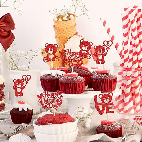 Miniatura 4 de Gyufise 24 piezas de decoración para cupcakes de feliz día de San Valentín, oso rojo con purpurina con texto en inglés Love I Do para el día de San