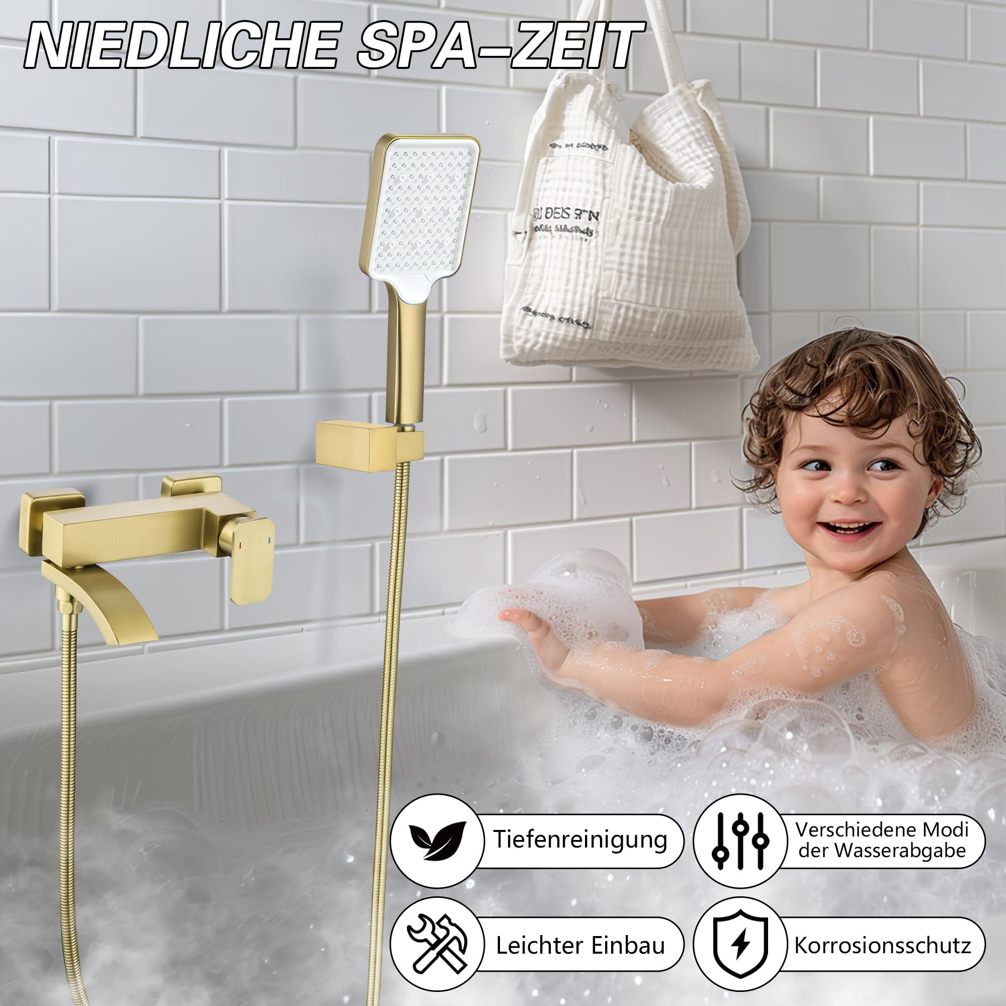 Rubinetto per vasca da bagno oro spazzolato con doccetta grande e beccuccio girevole 90° 3 funzioni