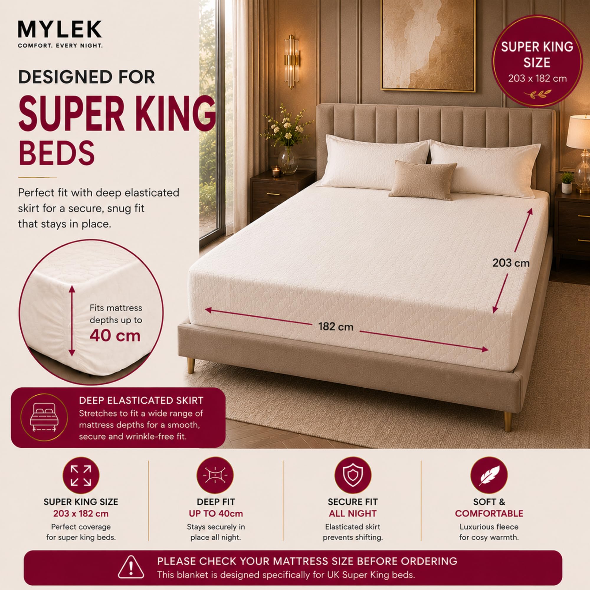 Mylek Coperta elettrica super king size con materasso riscaldato, doppio controllo, con bordo elastico, dimensioni 203 x 182 cm x 40 cm, protezione contro il surriscaldamento, riscaldamento rapido,