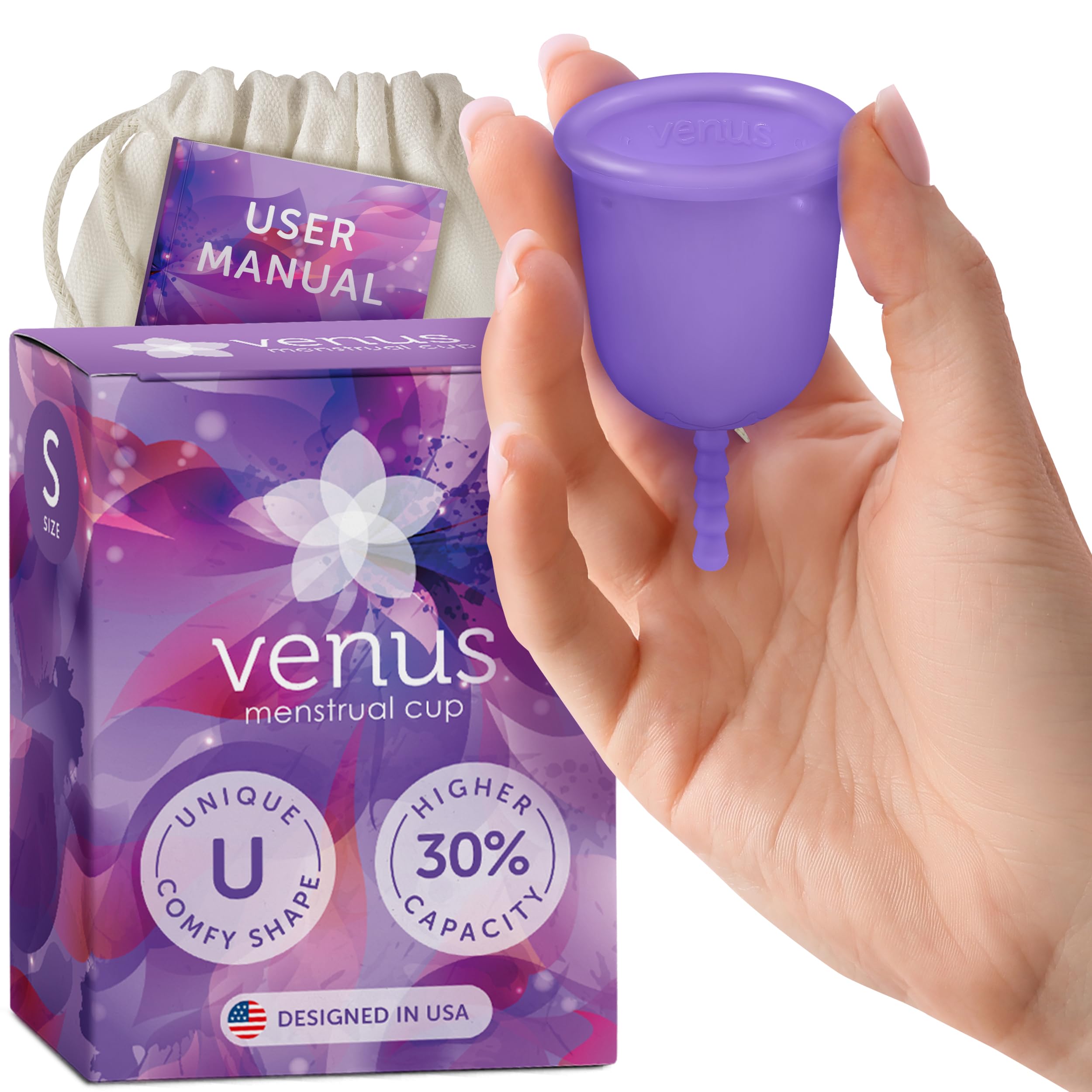 Venus Menstrual Cup – 100% Medical Grade Silicone Reusable Period Cup – Unique Design to Ease Your Period Cycle – Eco-Friendly Tampon Alternative –