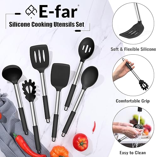 Miniatura 4 de E-far Juego de utensilios de cocina de silicona de 14 piezas, juego de utensilios de cocina con soporte, espátula, cucharón, cuchara, pinzas,