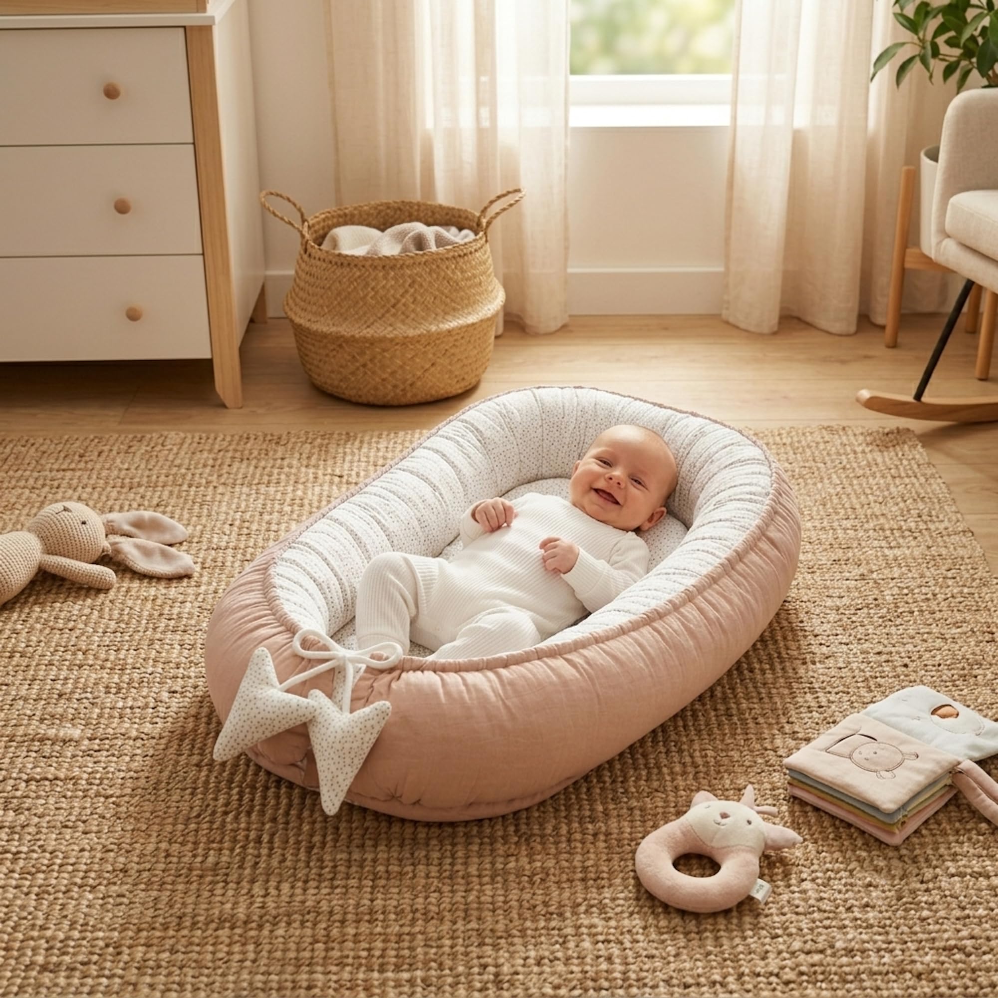 PIMKO Nido de bebé para bebé, Nido de Peluche de 2 Lados, Capullo para bebés y recién Nacidos, 100% algodón, Adecuado para el hogar, 55 x 90 cm