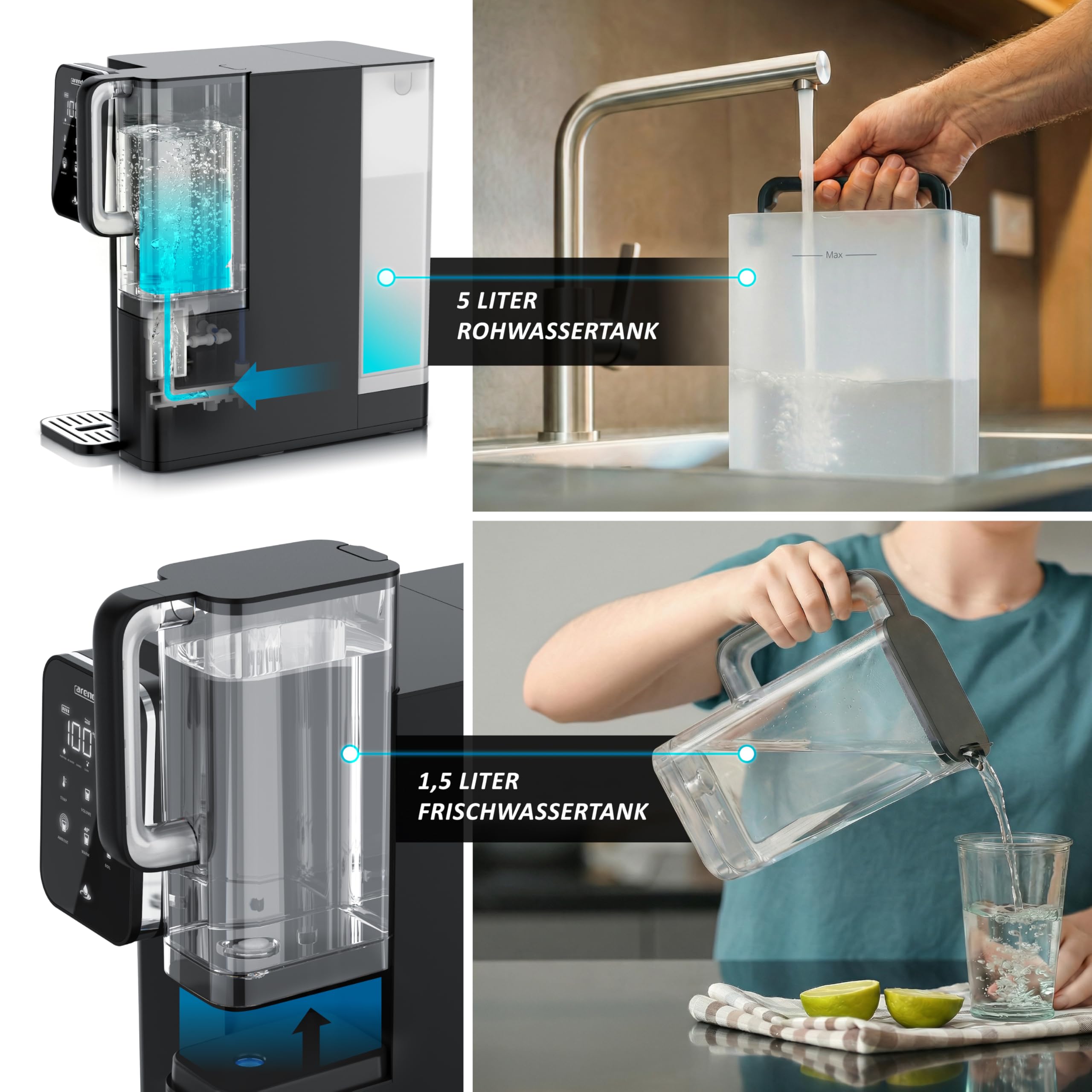 Arendo - Premium Osmoseanlage - 99,99% reines Trinkwasser - 7 stufiges Filtersystem (5+2) – Umkehrosmose/Wasserfilter – keine Installation - Auftisch Gerät – Heißwasserspender 40°C - 100°C – TDS