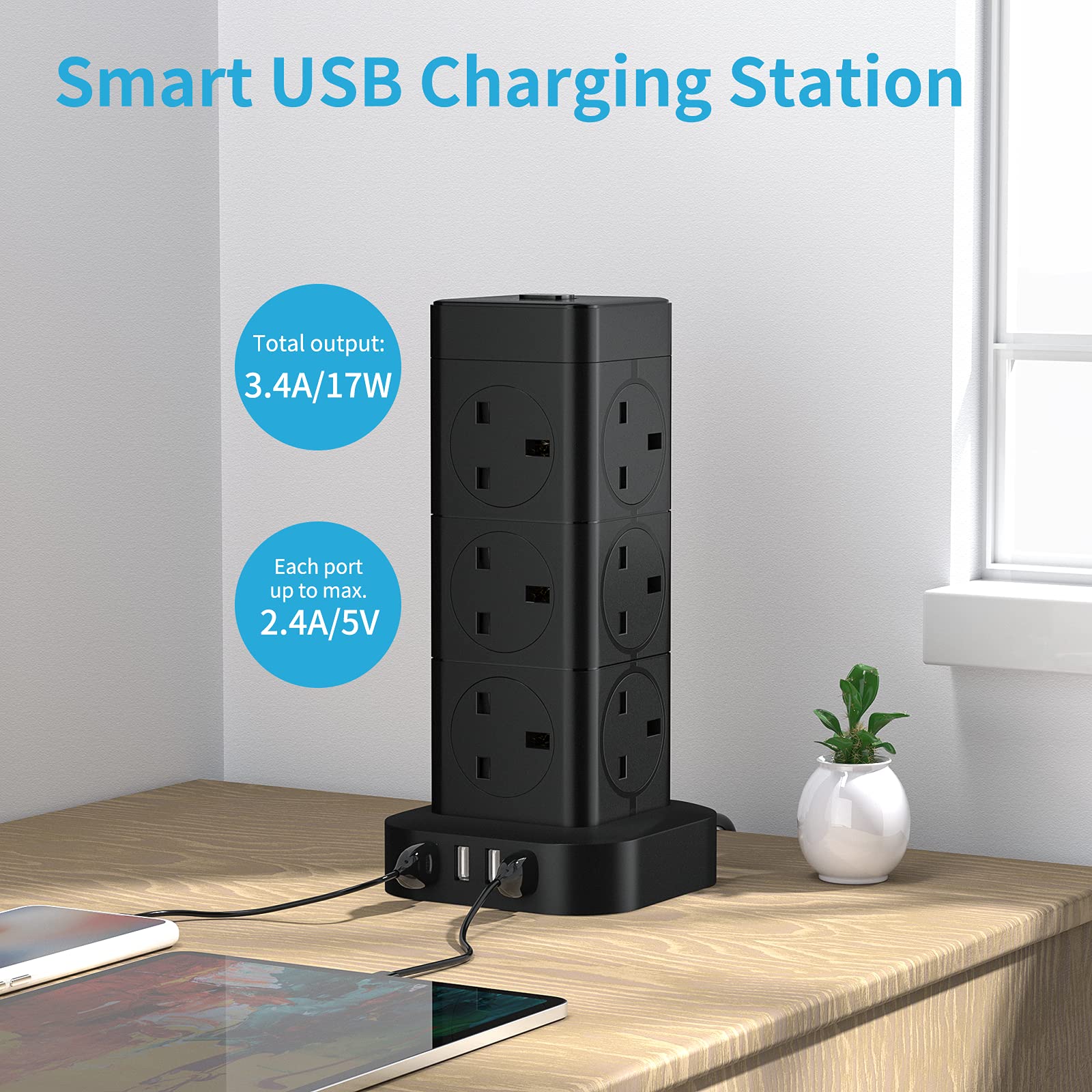 Hulker Tower Extension Lead with USB 12 Way 4 USB Ports Multi Plug