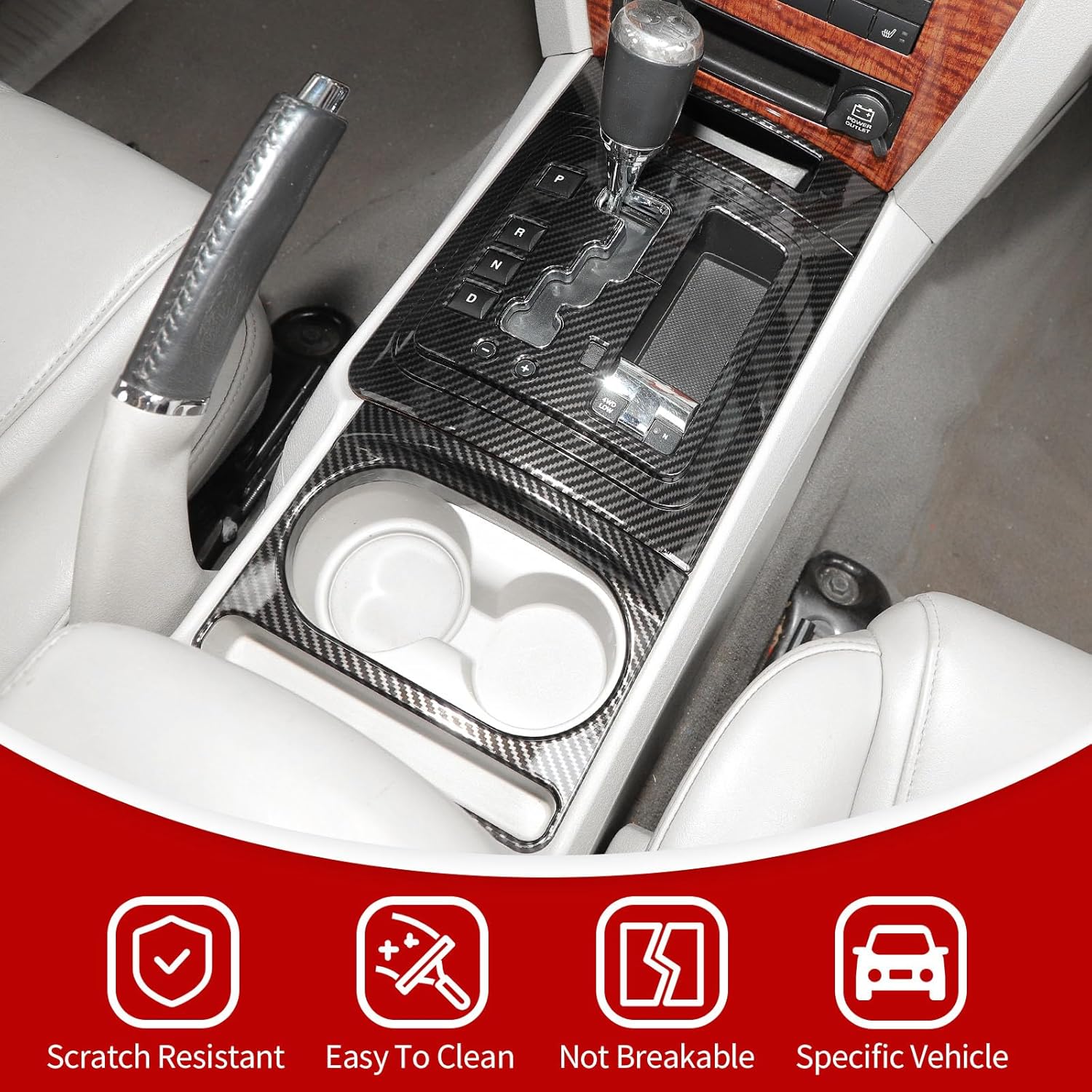 JeCar Gear Shift/Cup Holder Panel Covers Interior Decoration Trim Compatible with Jeep Grand Cherokee & Commander 2006-2010, Black with Carbon Fiber Finish