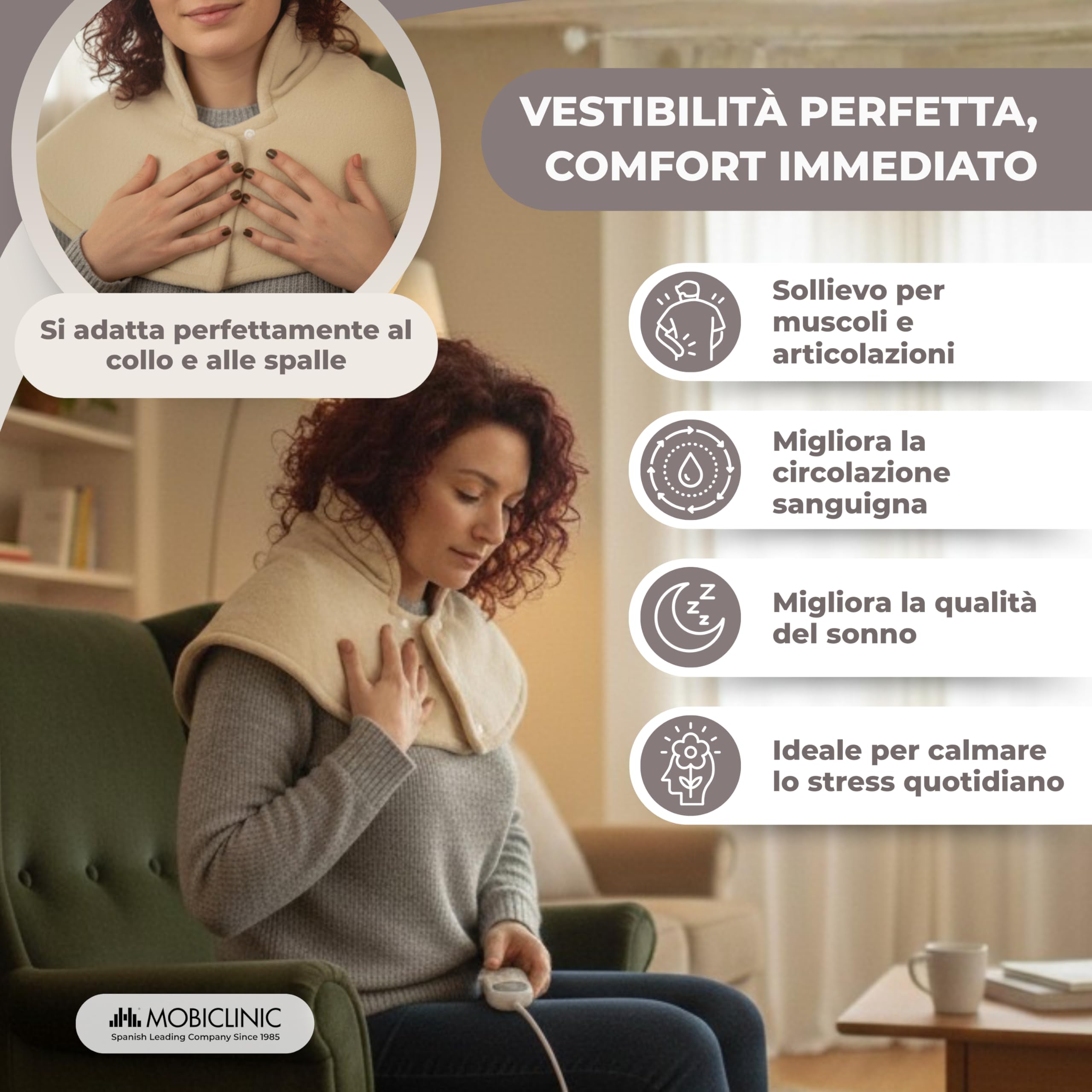 Mobiclinic, Termoforo cervicale e spalle, Cuscino termico, Marchio europeo, 3 livelli di temperatura, Spegnimento automatico, Lavabile, Antisurriscaldamento, Max.30º, 62x60, Beige