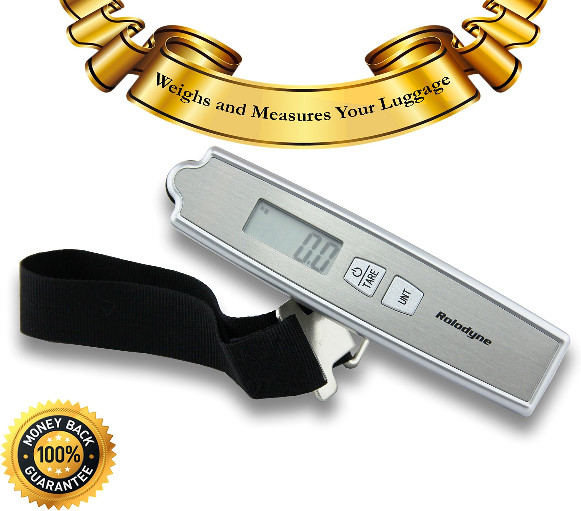 Digital Luggage Scale By Rolodyne Travel Supply - Weighs/Measures with New Patent Pending Design - Travel Smart and Save Time and Money with This Portable, Handheld, Light Weight, Precision Scale on Your Next Trip - Best Lifetime Guarantee