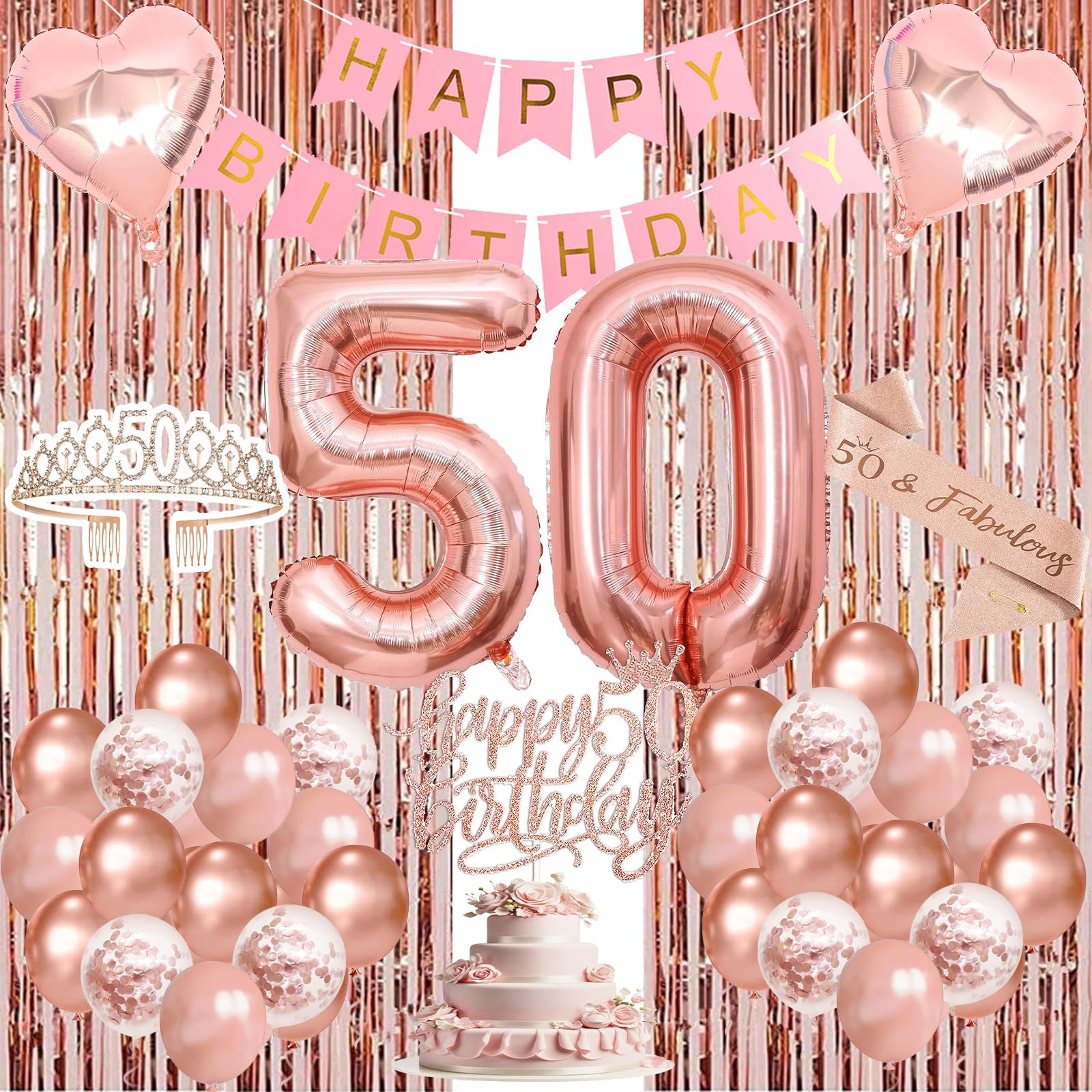 50th Birthday Decorations for Women, 50th Birthday Crown and Sash, Rose Gold Happy 50th Birthday Banner Number Balloons Cake Topper, 50 Birthday Party