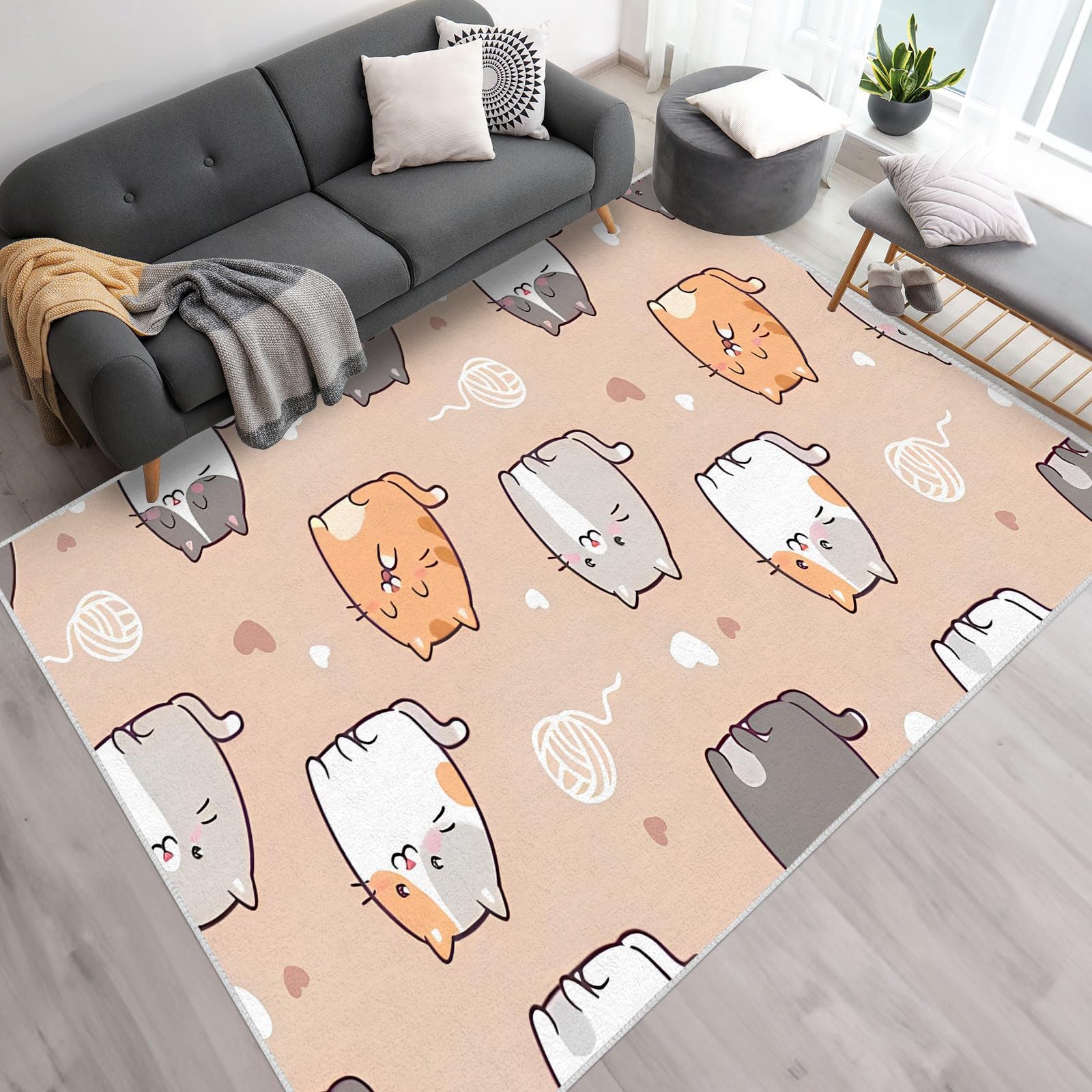Waschbar Wohnzimmer Teppich Katze 200x300 Kurzflor Teppich Schlafzimmer, Beige Tiere Teppiche Gegend Groß Küchenteppich Dünn rutschfest Saugfähig für Esszimmer