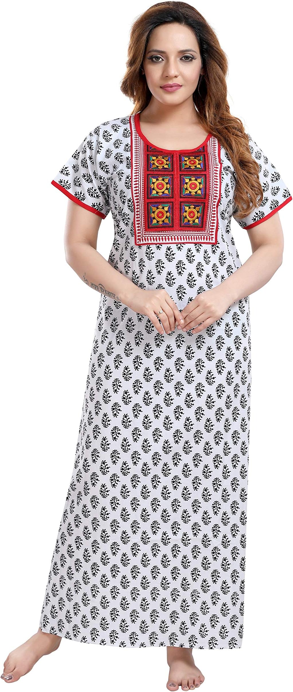Women's Cotton Embroidered Maxi Nighty (NTY2378_White_Free Size)