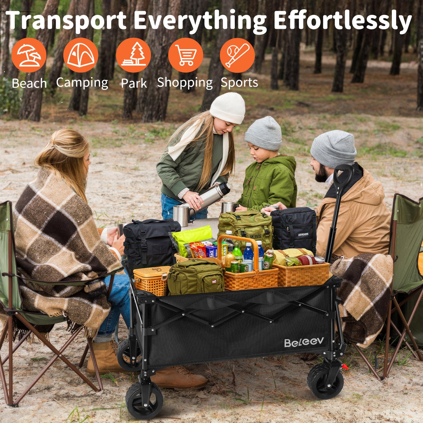 BELEEV Bollerwagen Faltbar mit Bremsen, Handwagen Faltbarer Groß XXL All Terrain Räder, Seitentasche, Getränkehalter, 100KG 130L Wagon Klappbar Kinder Strandwagen, Gartenkarre, Einkaufswagen, Camping