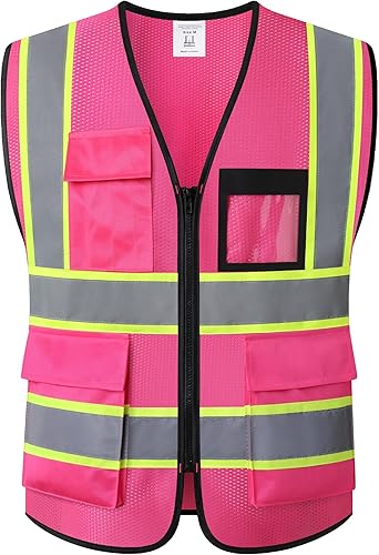 Miniatura 10 de Chalecos de seguridad de malla azul reflectante de alta visibilidad con 8 bolsillos y cremallera frontal, chaleco de seguridad de alta visibilidad