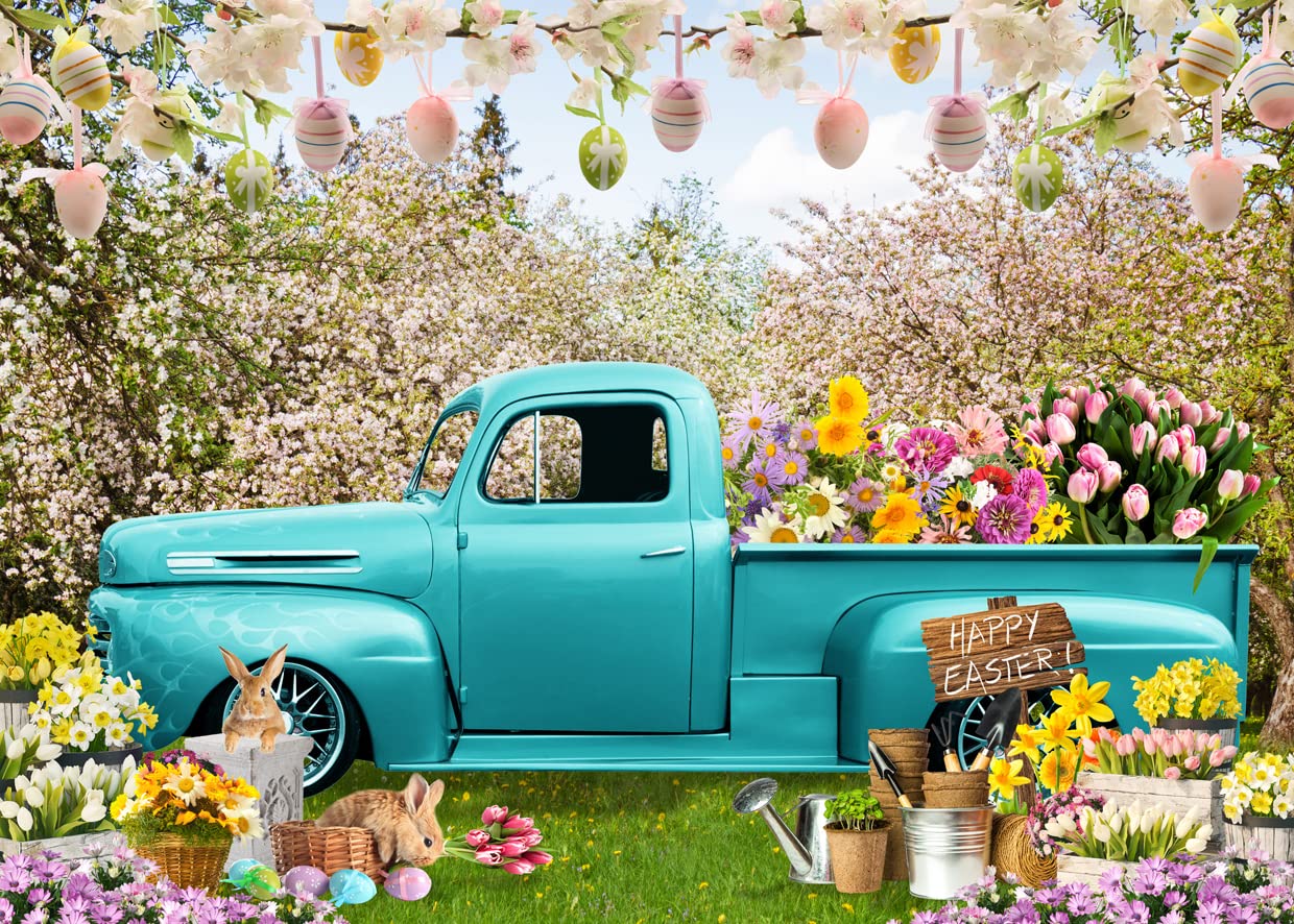 SJOLOON Spring Easter Backdrop Colorful Eggs Rabbit Blue Truck Flowers Backdrop for Easter Party Decoration Banner Baby Shower 12536 (8x6FT)