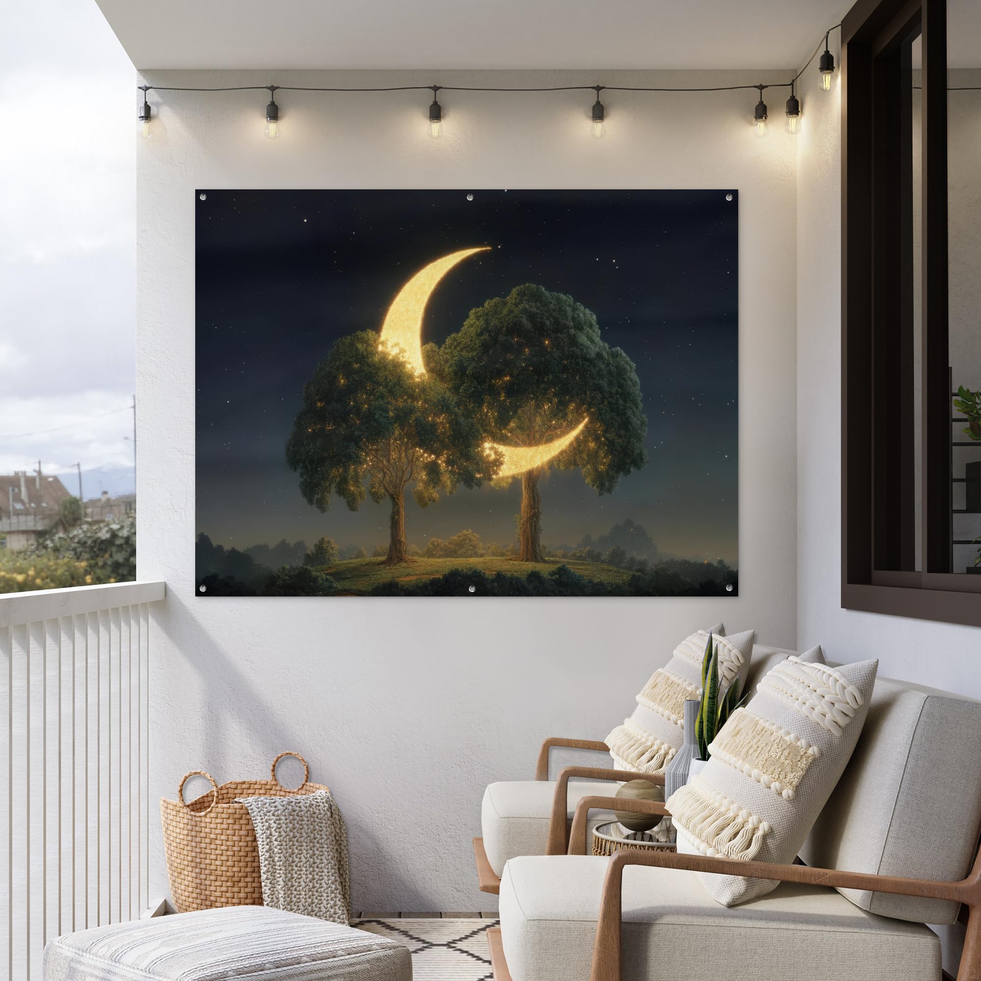 MuchoWow© Poster De Jardin Decoracion Balcón Wall Decoration Adornos Pared | 160x120 cm - Terraza Exterior Decoración Patio Posters Decorativos Luna - Árboles - Descanso