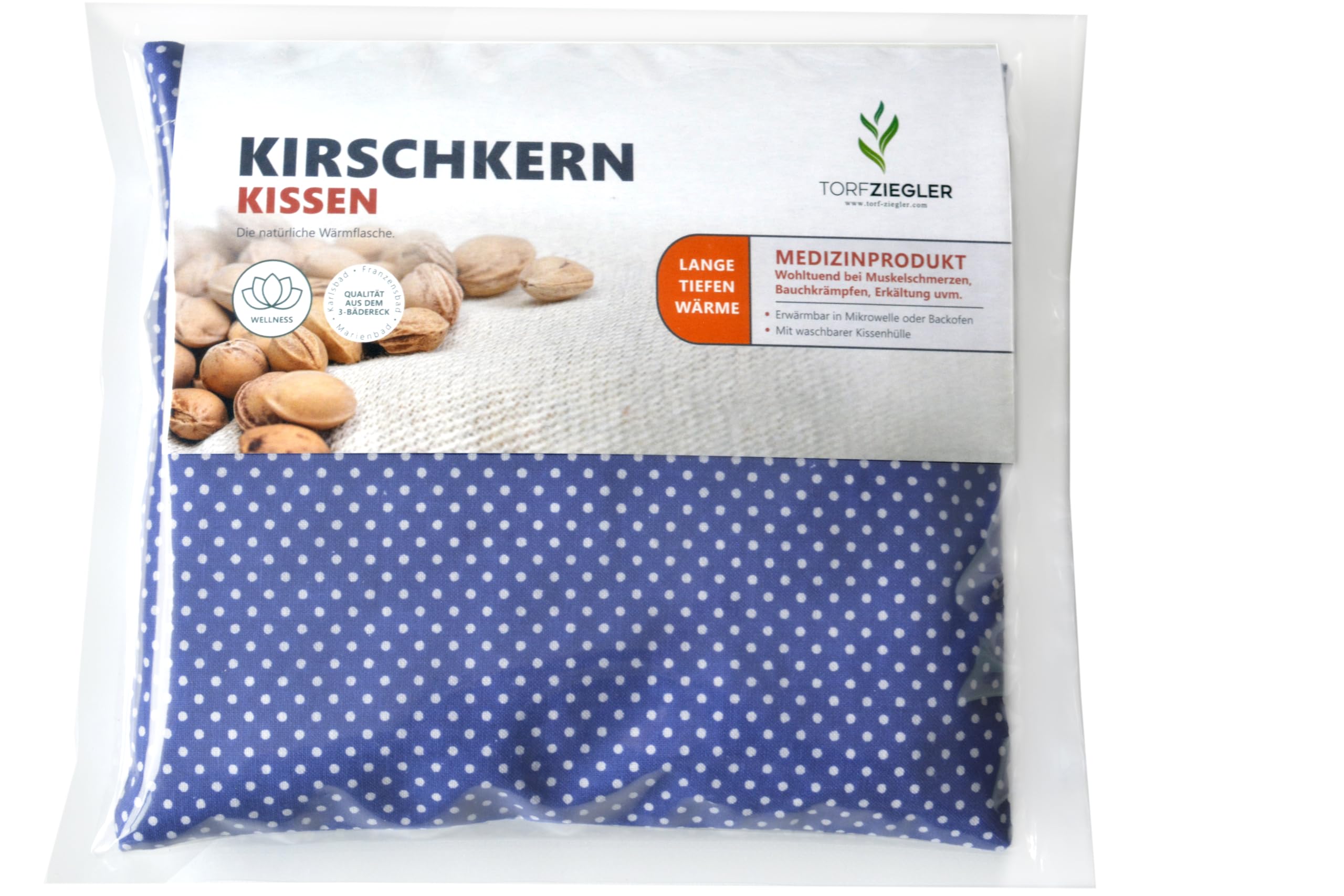 Cuscino termico ai noccioli di ciliegia 19×18 cm – dispositivo medico di classe I CE in cotone, applicazione caldo e freddo, blu con puntini bianchi