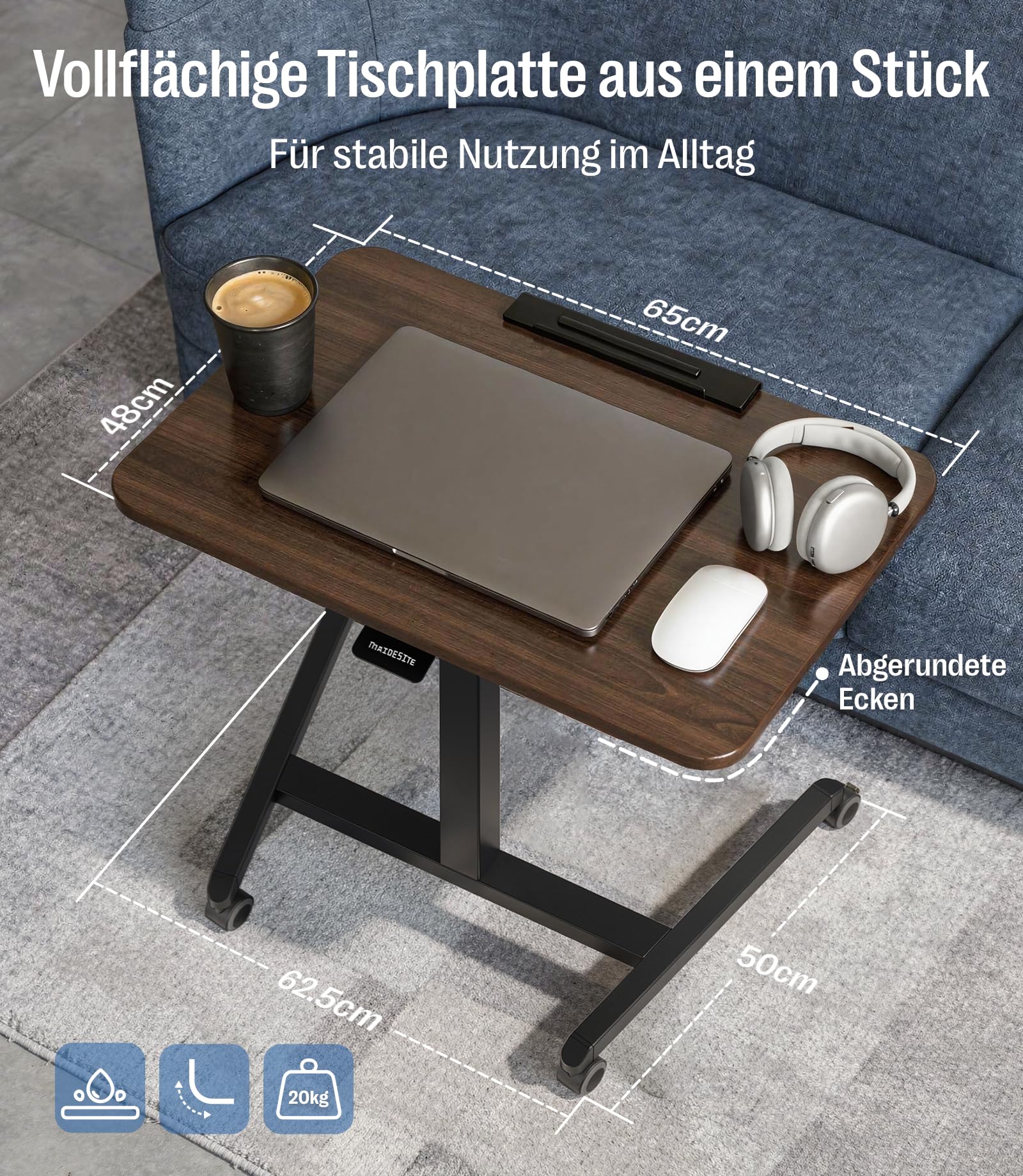 MAIDeSITe Fit Pro Mesa Auxiliar con Ruedas para Ordenador, Mesa Elevadora de Altura de 76 a 110 cm, Pequeña Mesa Elevadora Neumática con Tablero abatible de 90° para Sofá Cama Salón Dormitorio